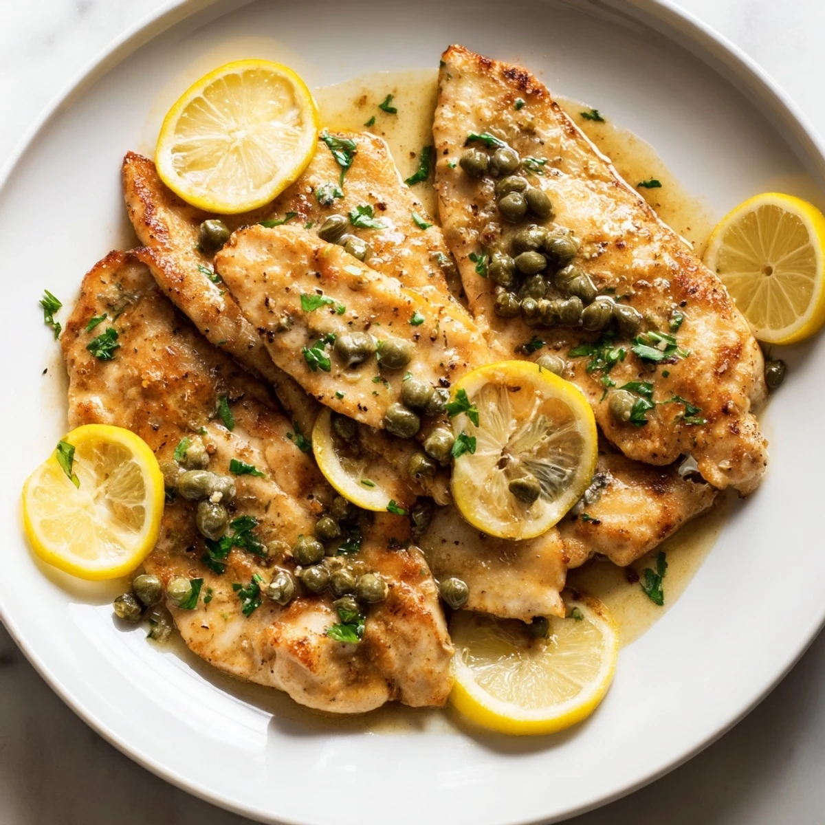 Golden Chicken Piccata with vibrant capers and lemon slices, ready to serve for dinner.