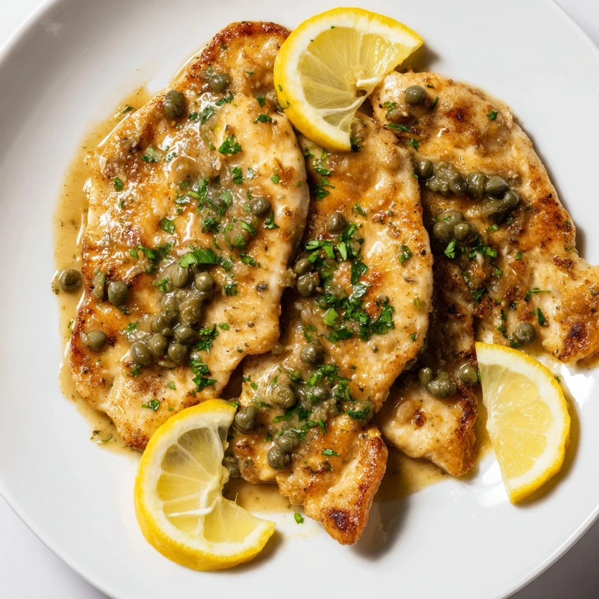 Delicious Chicken Piccata, with a glistening lemon-caper sauce, offering a burst of zesty Italian flavors.