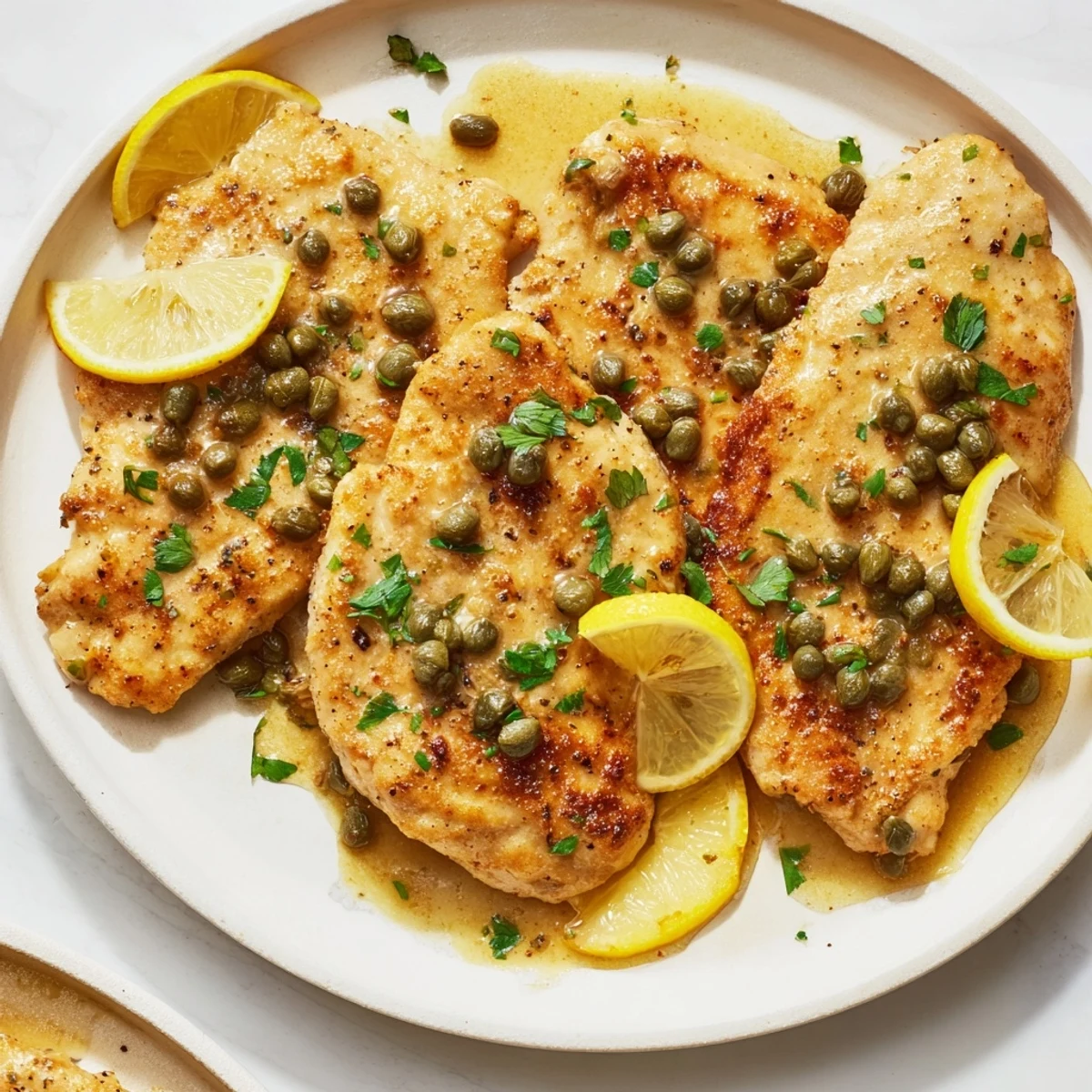Tender Chicken Piccata, coated in a bright sauce with capers, perfect for an easy, flavorful meal tonight.