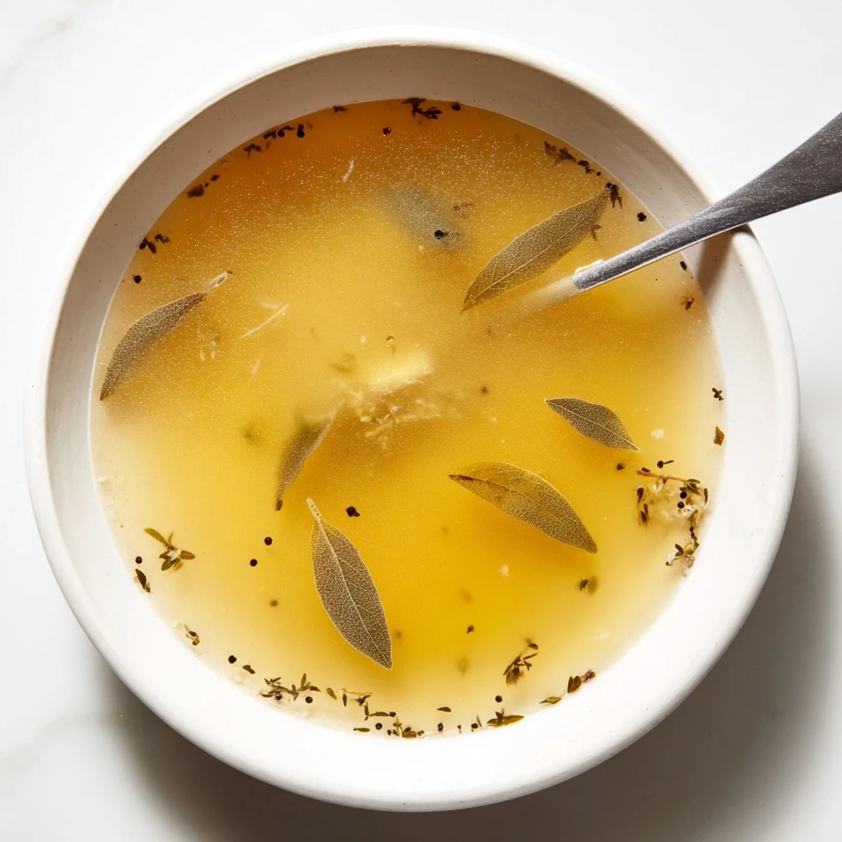 A close-up of the finished homemade vegetable broth with scraps, ready to enhance any dish.