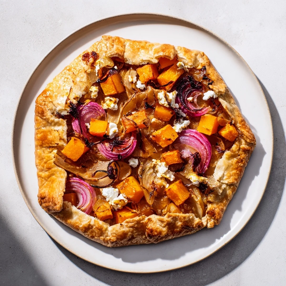 This rustic roasted butternut squash and apple galette boasts caramelized apples atop a buttery, browned crust.