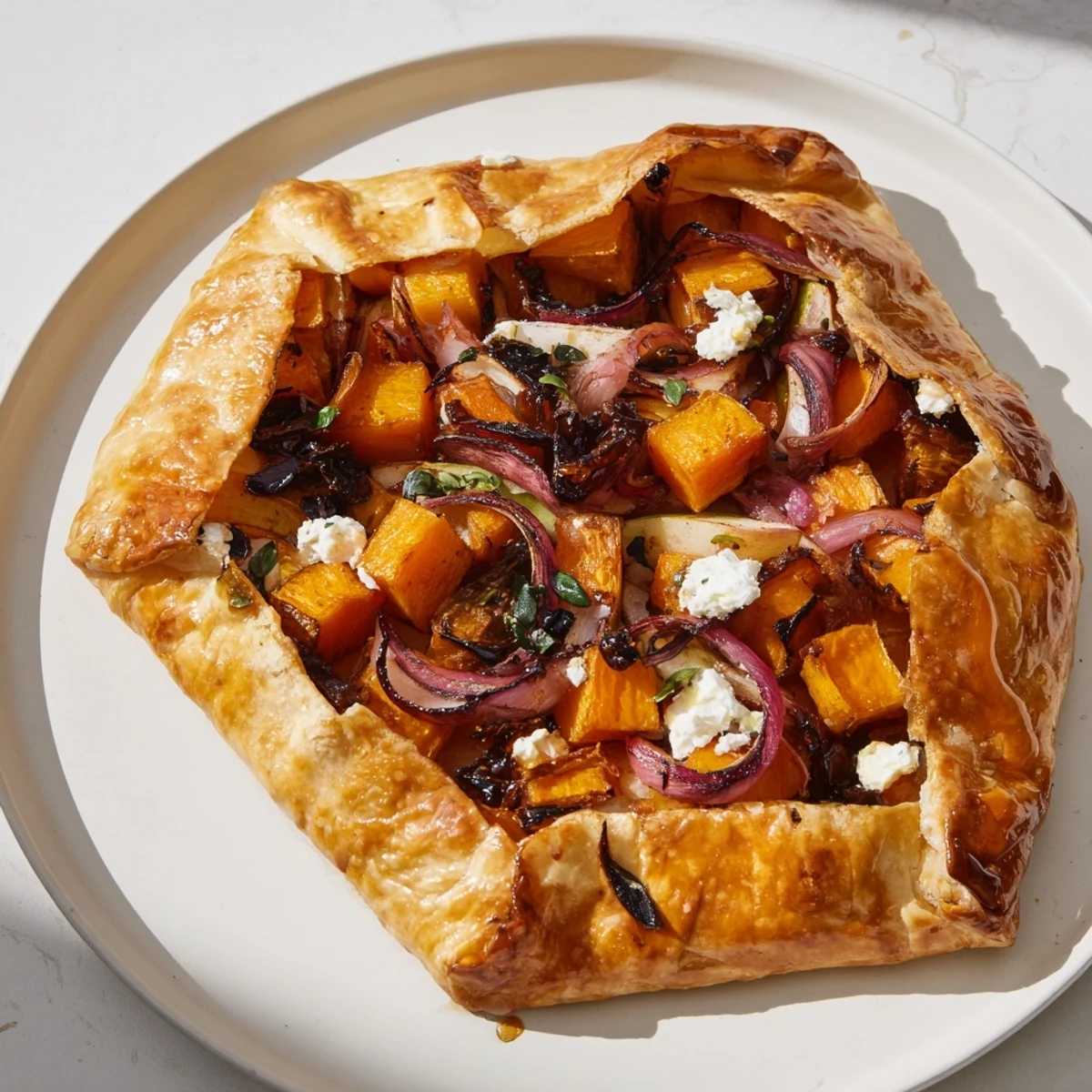 See the warm, inviting Roasted Butternut Squash and Apple Galette, ready to be sliced and enjoyed this fall.