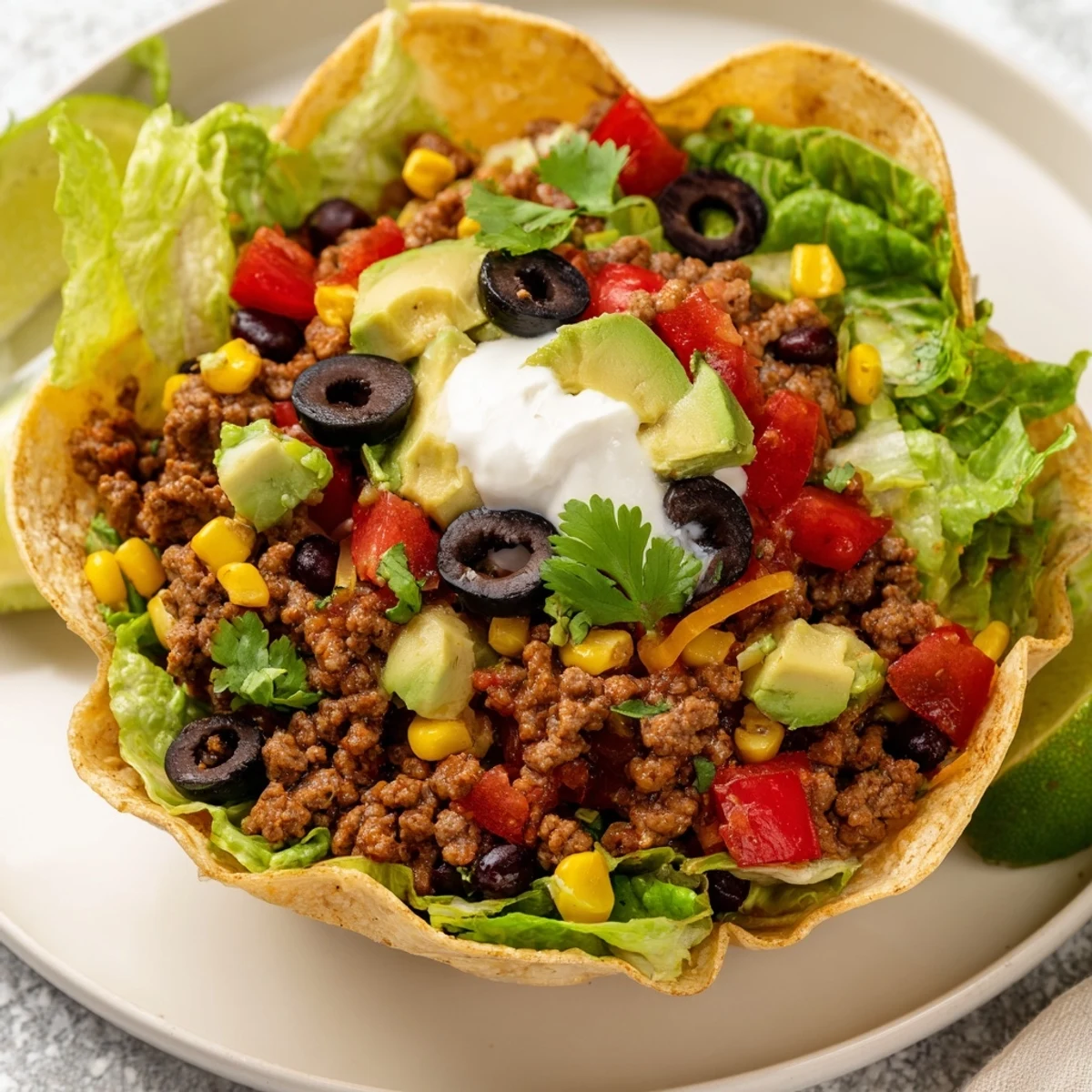 Flavorful and hearty Beef Taco Salad in Tortilla Bowl, a delightful, Tex-Mex fiesta ready to eat.