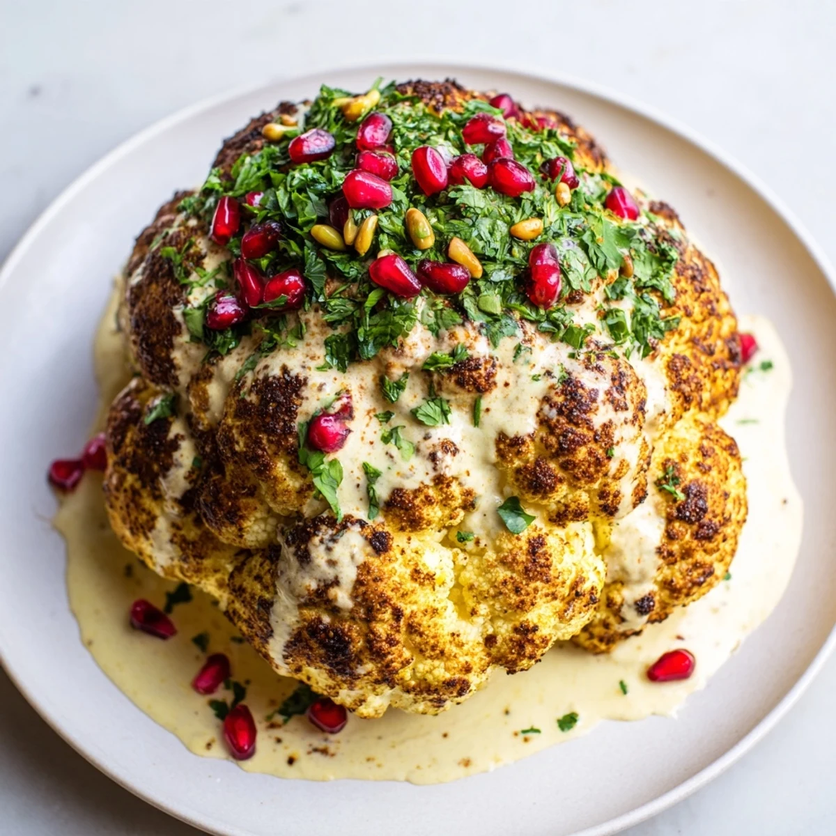 Golden-brown Whole Roasted Cauliflower, glazed with tahini, ready to be served as a vegan main.