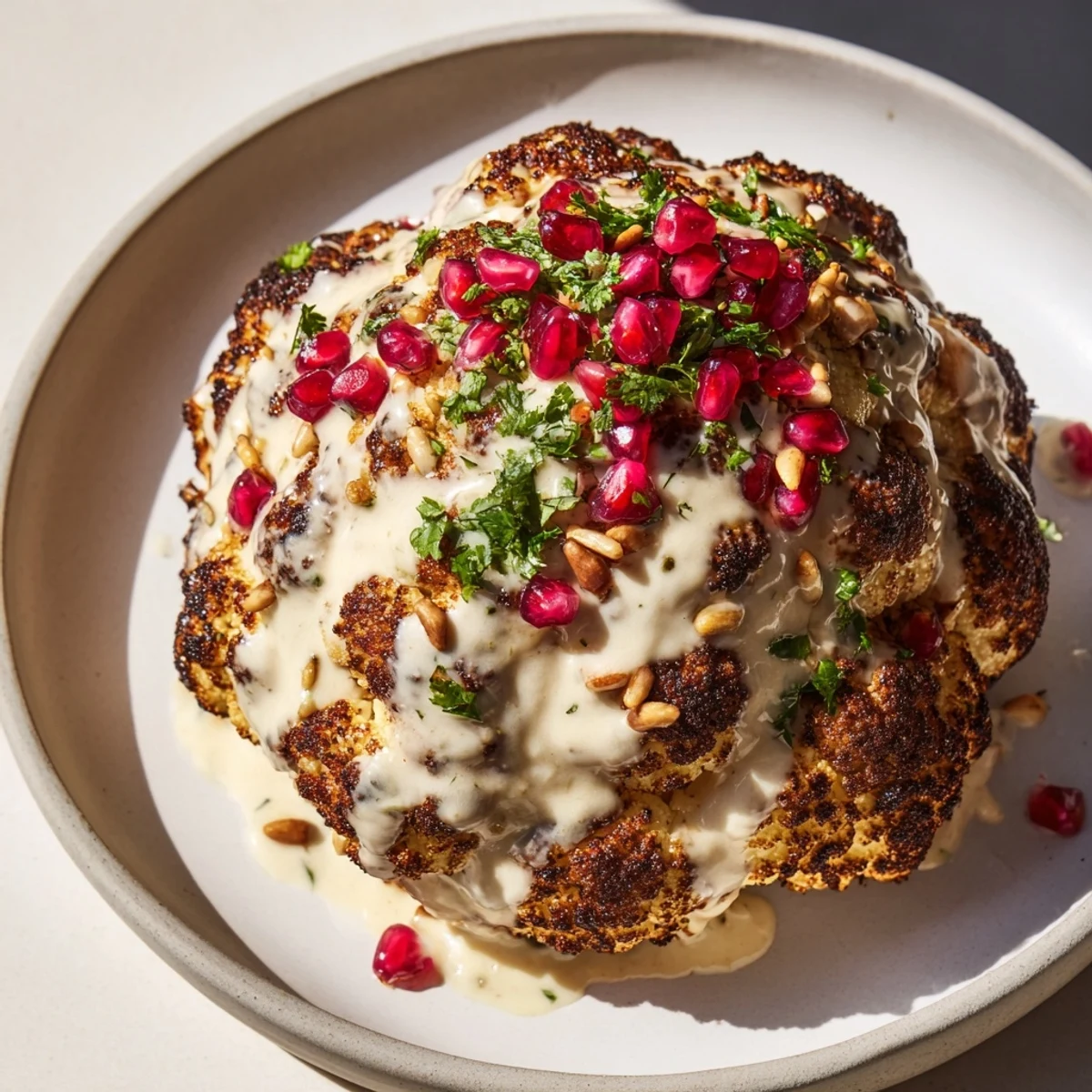 A close-up view of a Whole Roasted Cauliflower coated in tahini glaze, garnished with vibrant parsley.