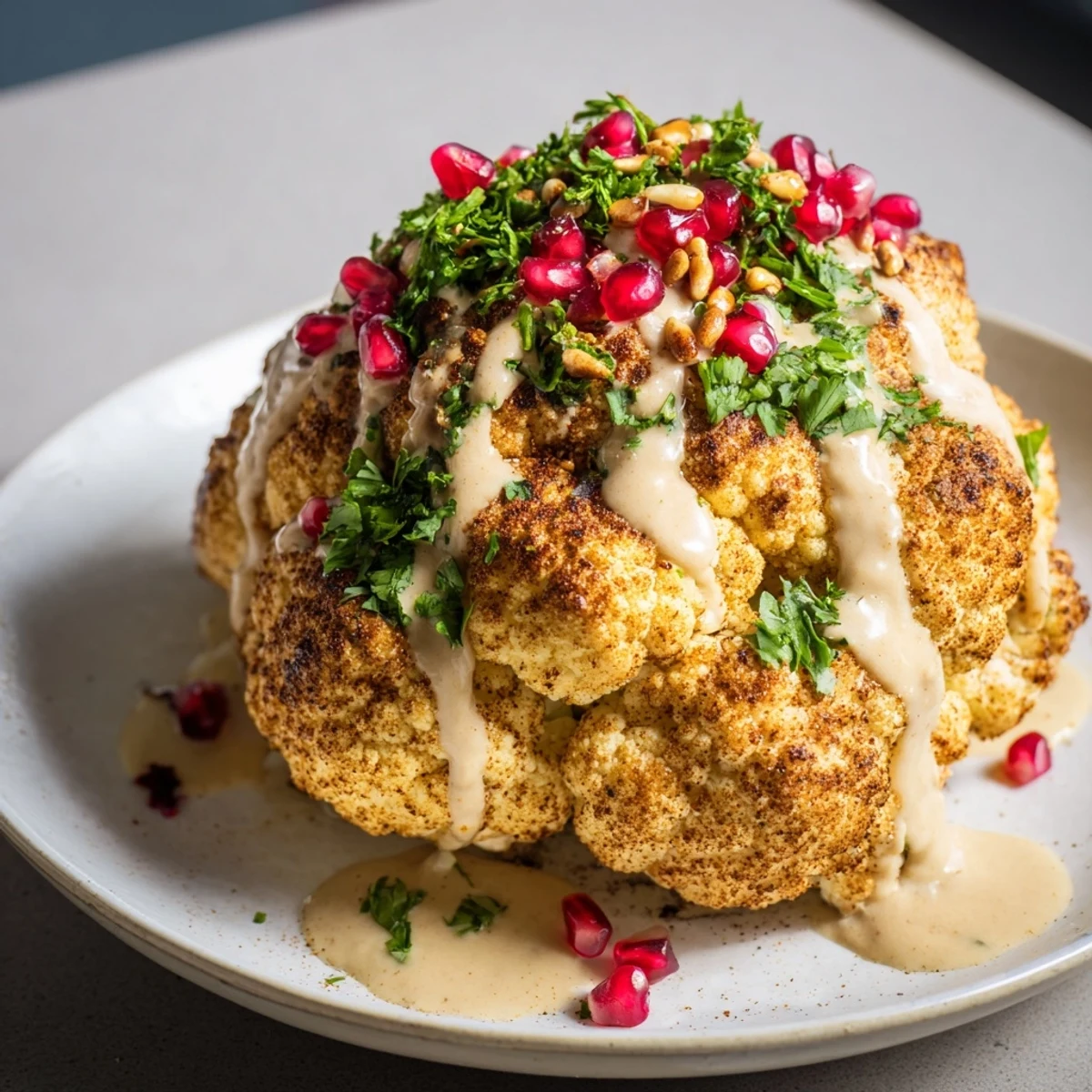 This beautifully roasted Whole Cauliflower with tahini glistens with a flavorful, creamy sauce.