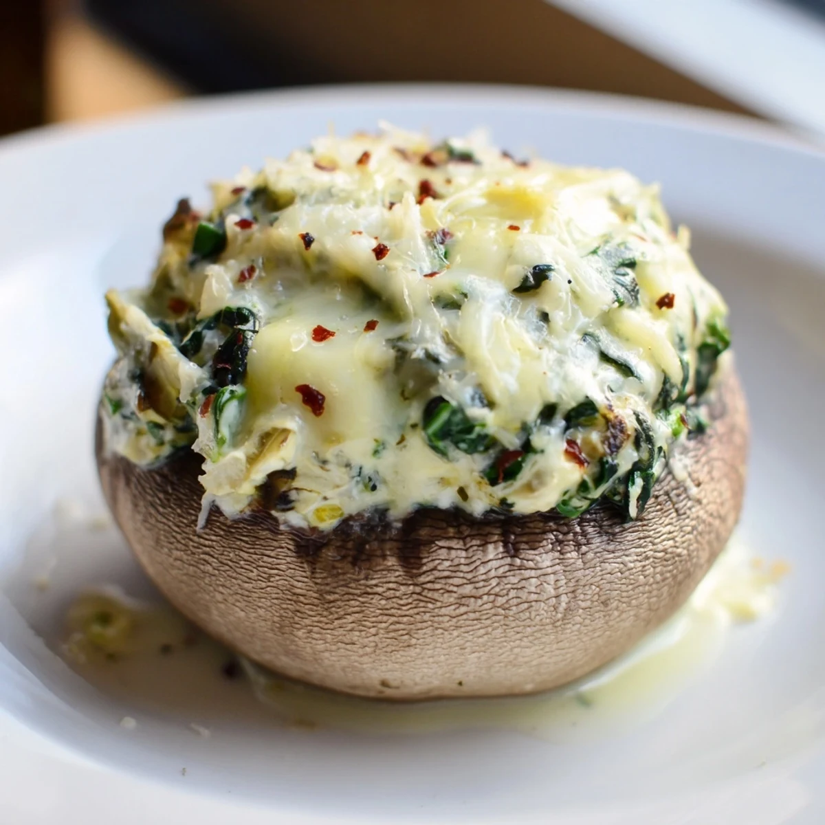 Golden-brown Cheesy Spinach Artichoke Stuffed Mushrooms boast a bubbling cheese topping, ready to eat.