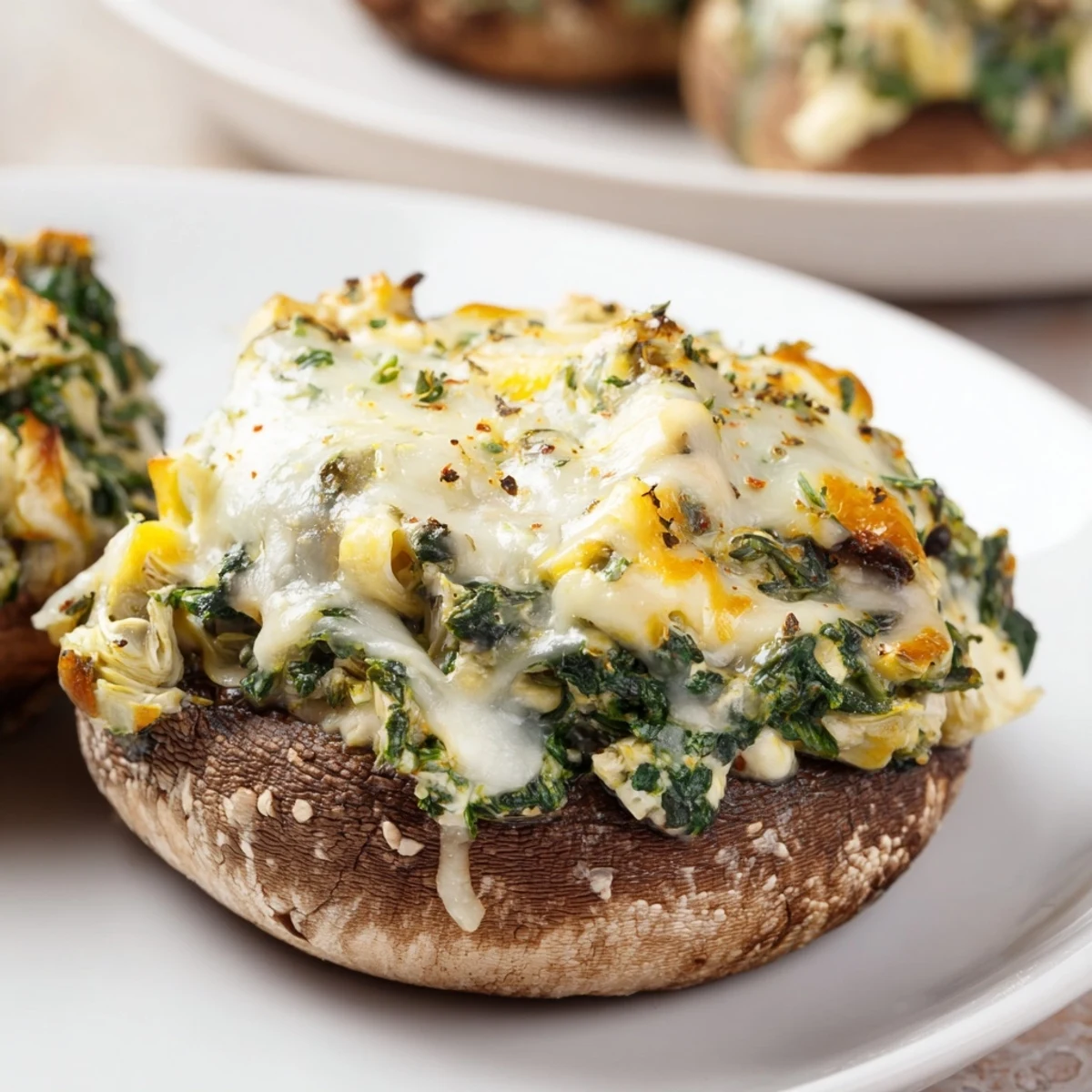 A platter of freshly baked Cheesy Spinach Artichoke Stuffed Mushrooms, aromatic and cheesy, perfect starters.