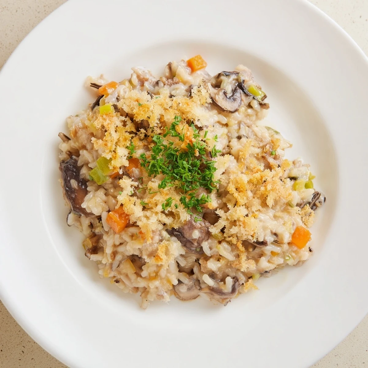A photo of Creamy Mushroom and Wild Rice Casserole, showing a rich, creamy texture and savory mushrooms.