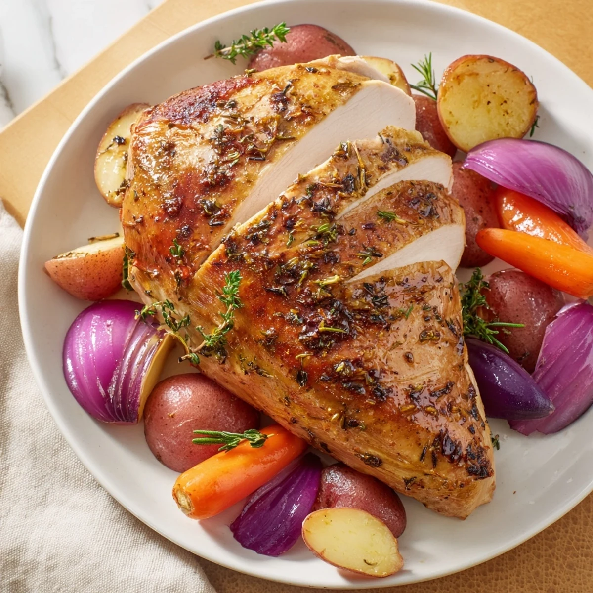 Juicy Sheet Pan Lemon Herb Roasted Turkey Breast with golden skin, herbs, and tender vegetables.