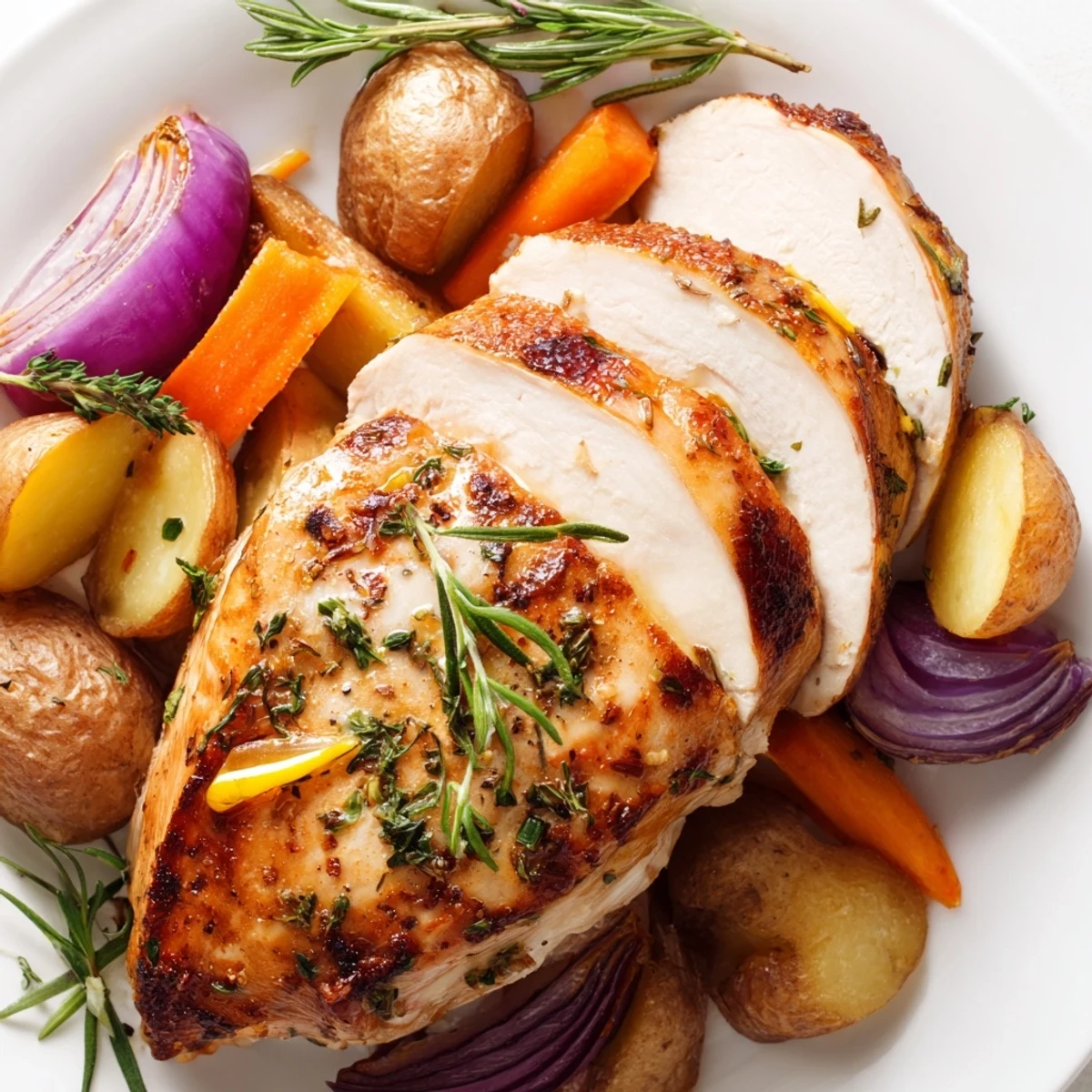 A beautifully roasted Sheet Pan Lemon Herb Turkey Breast surrounded by colorful carrots, potatoes, and red onion.