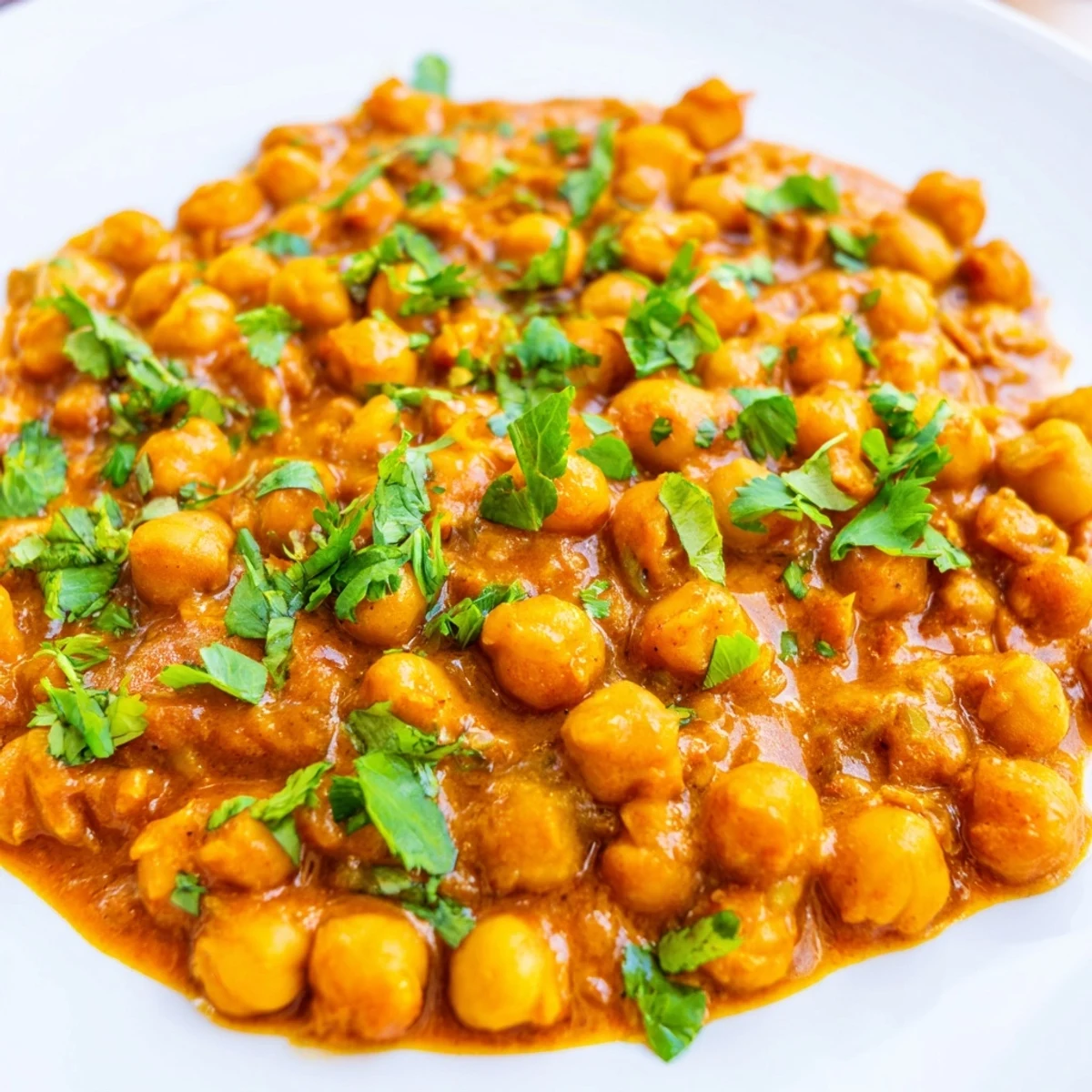 Steam gently rises from a bowl of hearty Vegan Chickpea Tikka Masala and basmati rice, with a side of naan bread for dipping in the rich sauce.