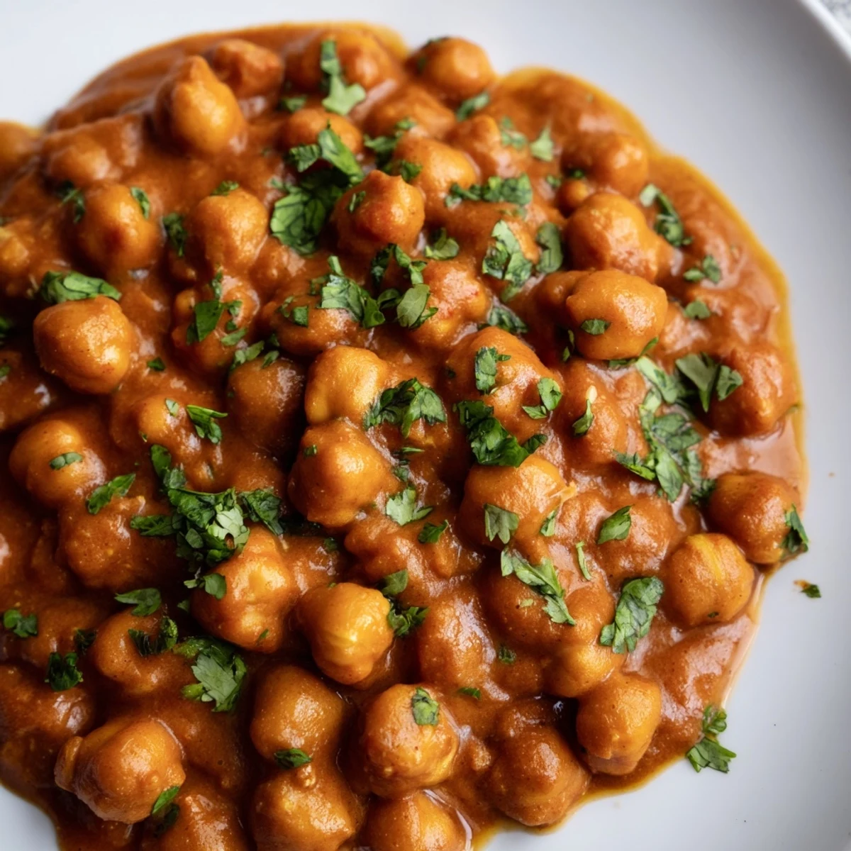 A close-up of creamy Vegan Chickpea Tikka Masala served over fluffy basmati rice, garnished with fresh cilantro leaves for a vibrant, aromatic meal.