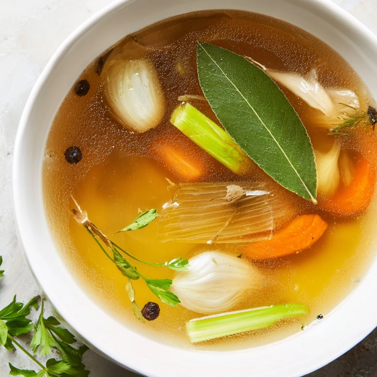 Strained golden Homemade Vegetable Broth steaming in a clear glass bowl, showcasing its rich, savory color.