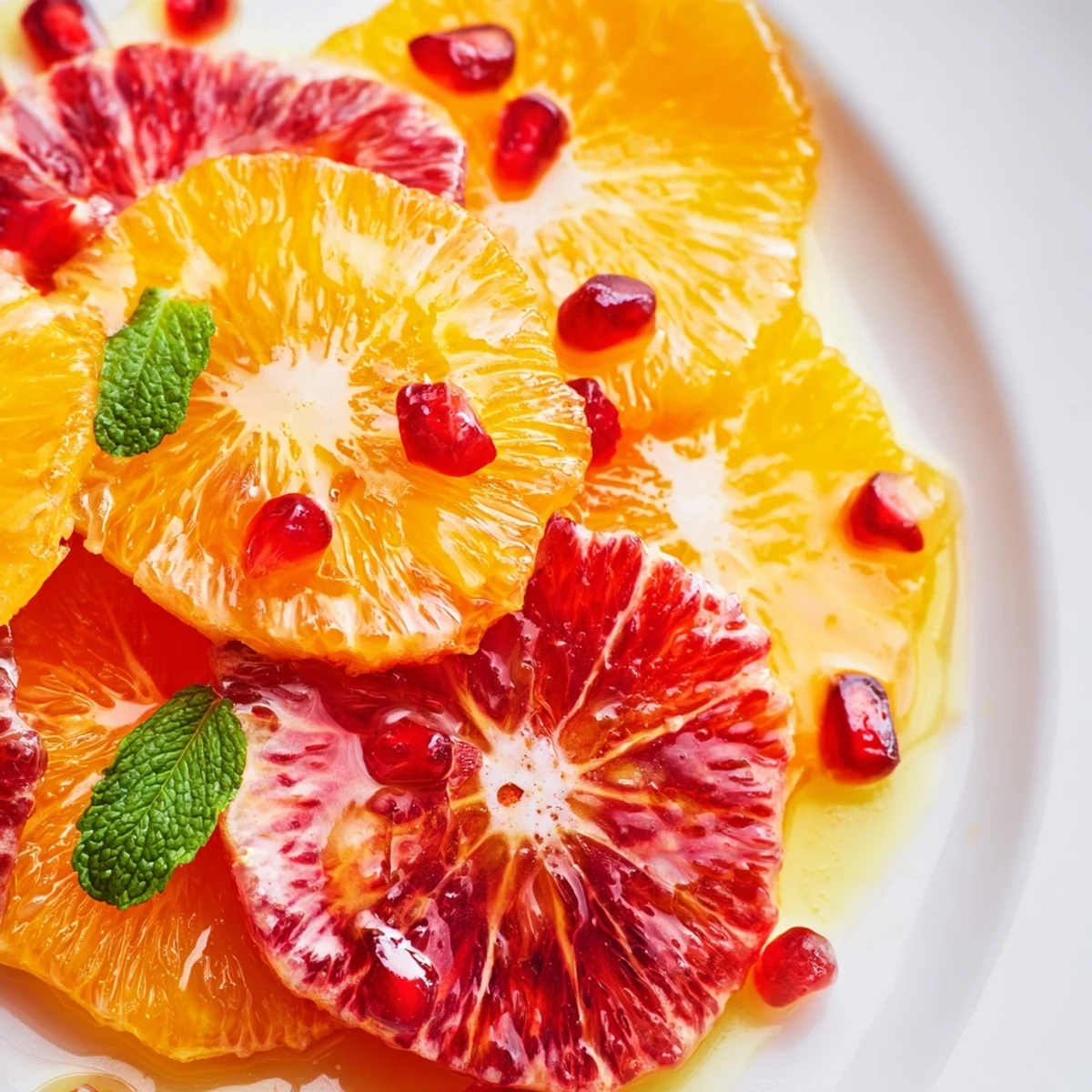Winter Citrus Fruit Salad with Honey Lime Dressing topped with pomegranate seeds and fresh mint on a rustic wooden table.