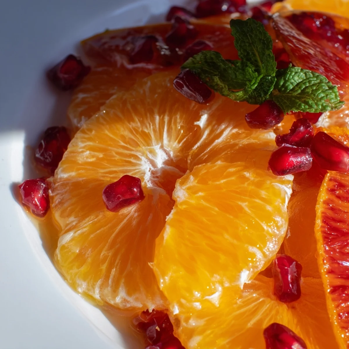 A close-up view of sliced oranges and grapefruit, glistening with honey lime dressing on a white ceramic plate.