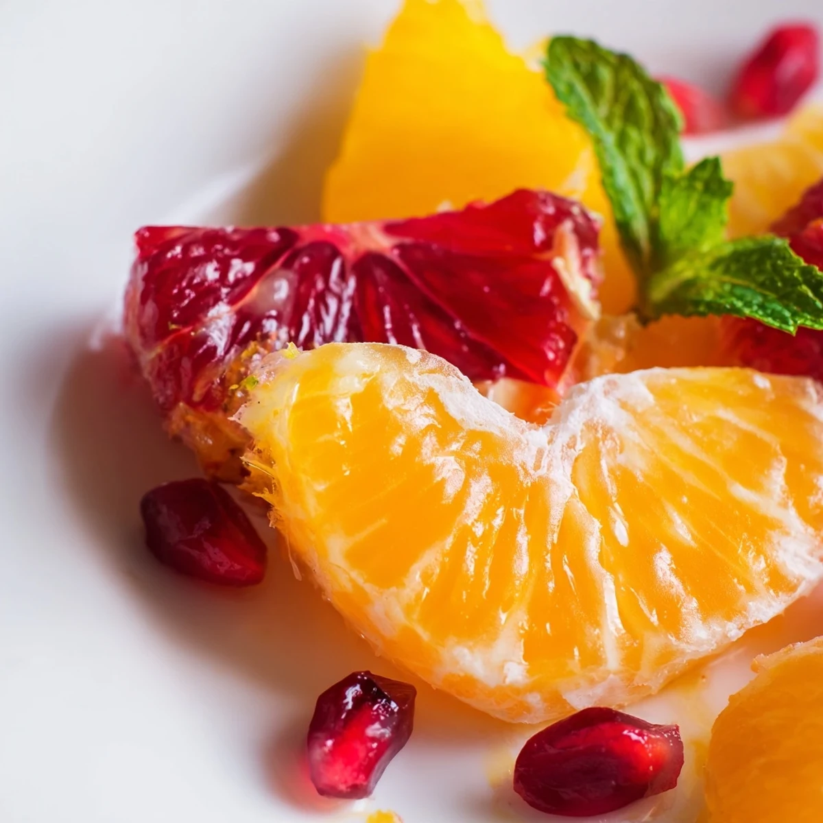 Colorful Winter Citrus Fruit Salad with Honey Lime Dressing served in a clear glass bowl, garnished with mint leaves.