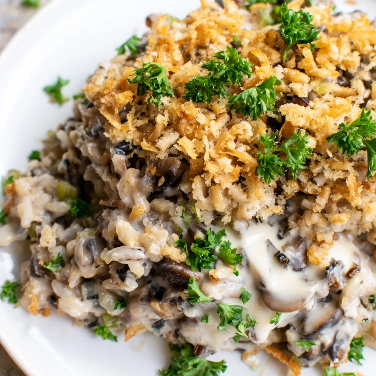 Baked Creamy Mushroom and Wild Rice Casserole served on a white plate, featuring tender vegetables and a rich, creamy sauce.