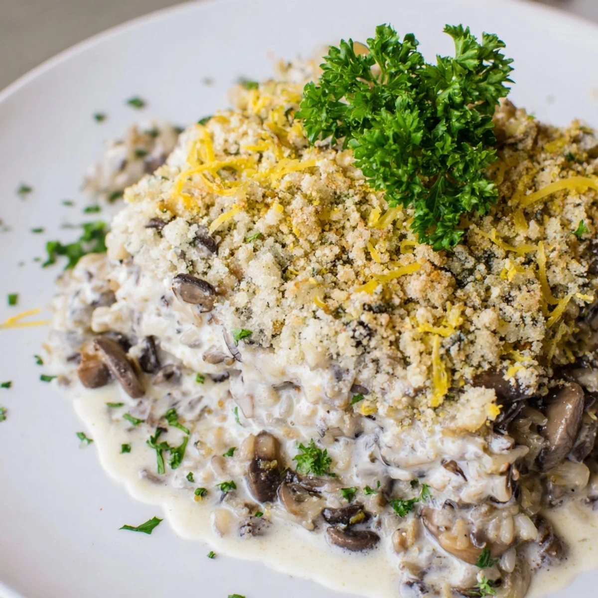 Freshly baked Creamy Mushroom and Wild Rice Casserole with a crunchy breadcrumb topping, ready to be served for dinner.