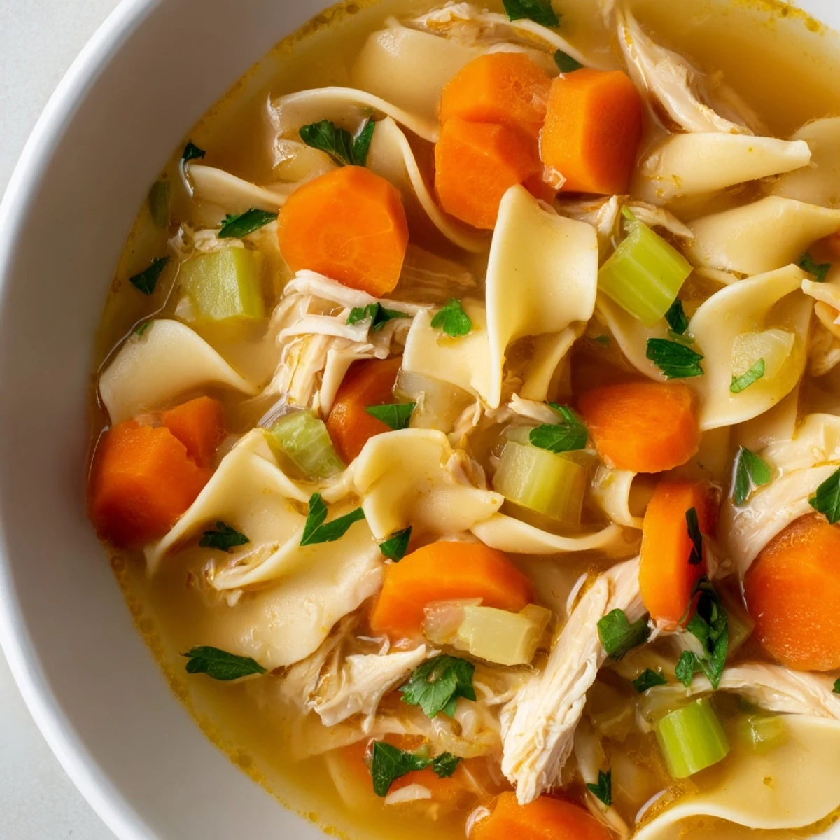 Steaming Instant Pot Chicken Noodle Soup with Herbs features tender shredded chicken and wide noodles in a golden broth with fresh parsley garnish.