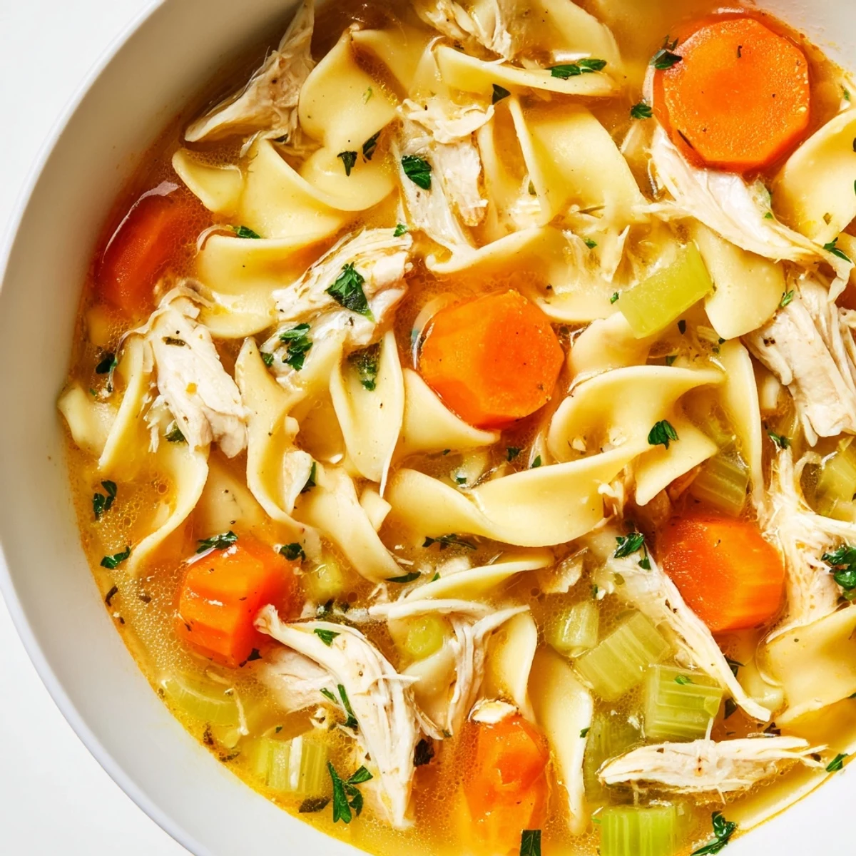 A rustic bowl of Instant Pot Chicken Noodle Soup with Herbs, loaded with sliced carrots, celery, and fresh herbs in a rich broth.