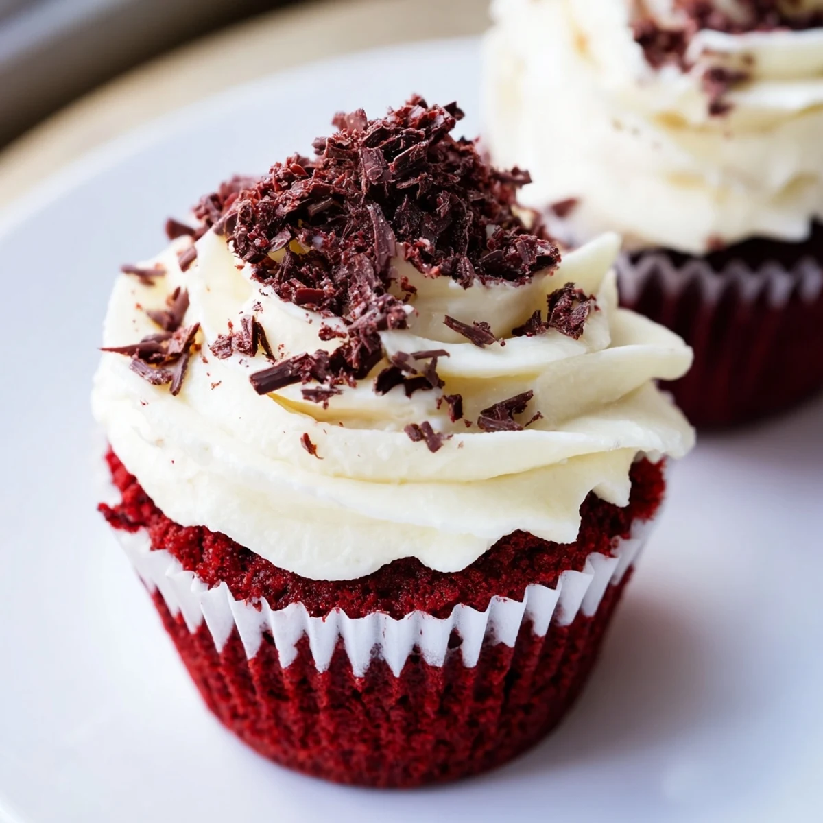 Twelve Red Velvet Cupcakes with cream cheese frosting are arranged on a white plate, perfect for a birthday party or afternoon dessert.
