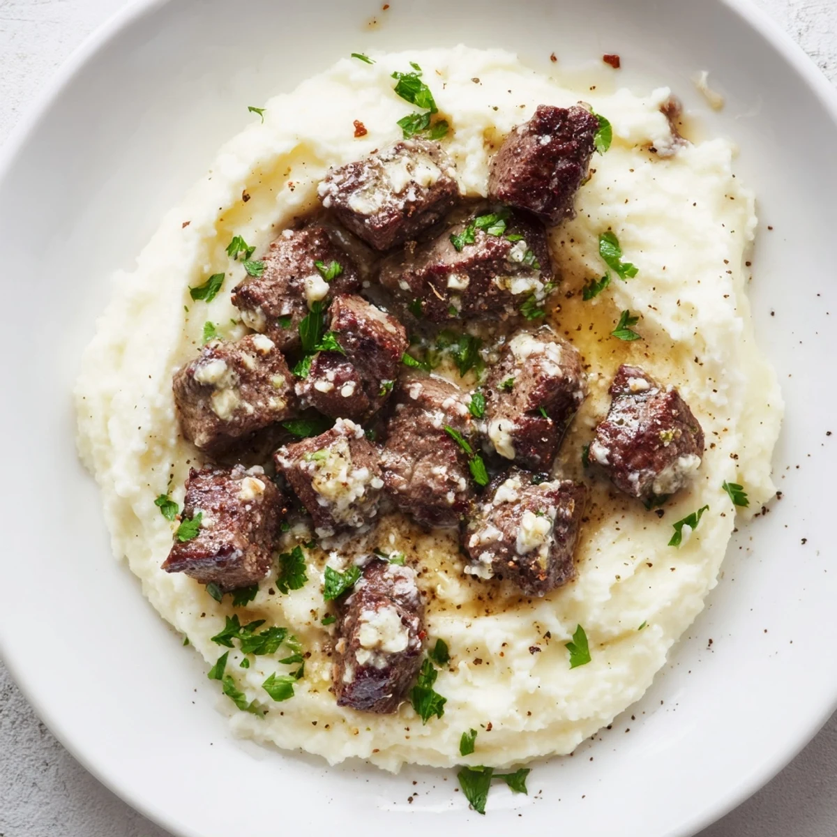 Garlic Butter Steak Bites served over a fluffy bed of creamy mashed potatoes, with garlic butter sauce spooned over the top.