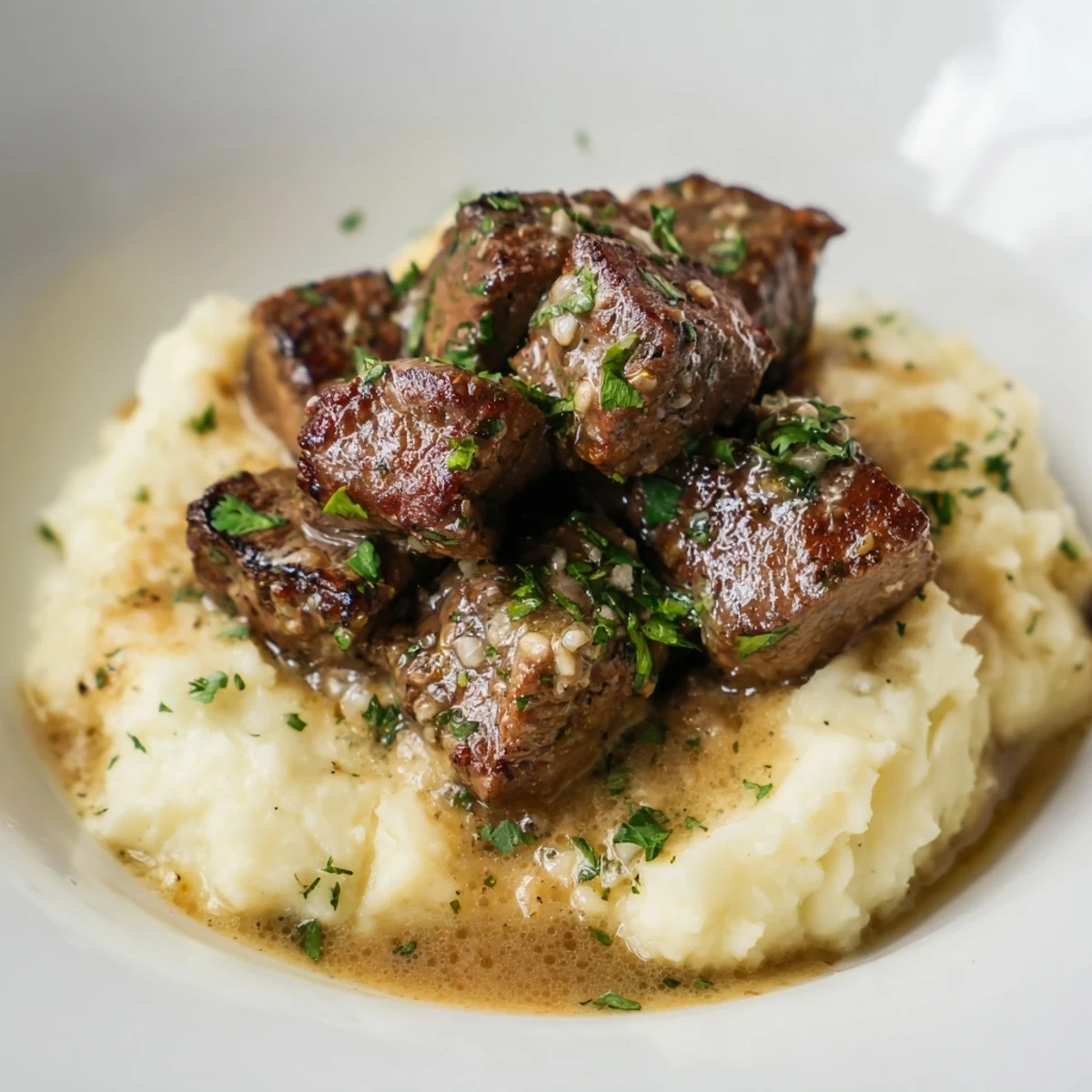 A skillet of tender steak bites, fresh parsley garnish, alongside comforting, buttery mashed potatoes, perfect for a family weeknight meal.