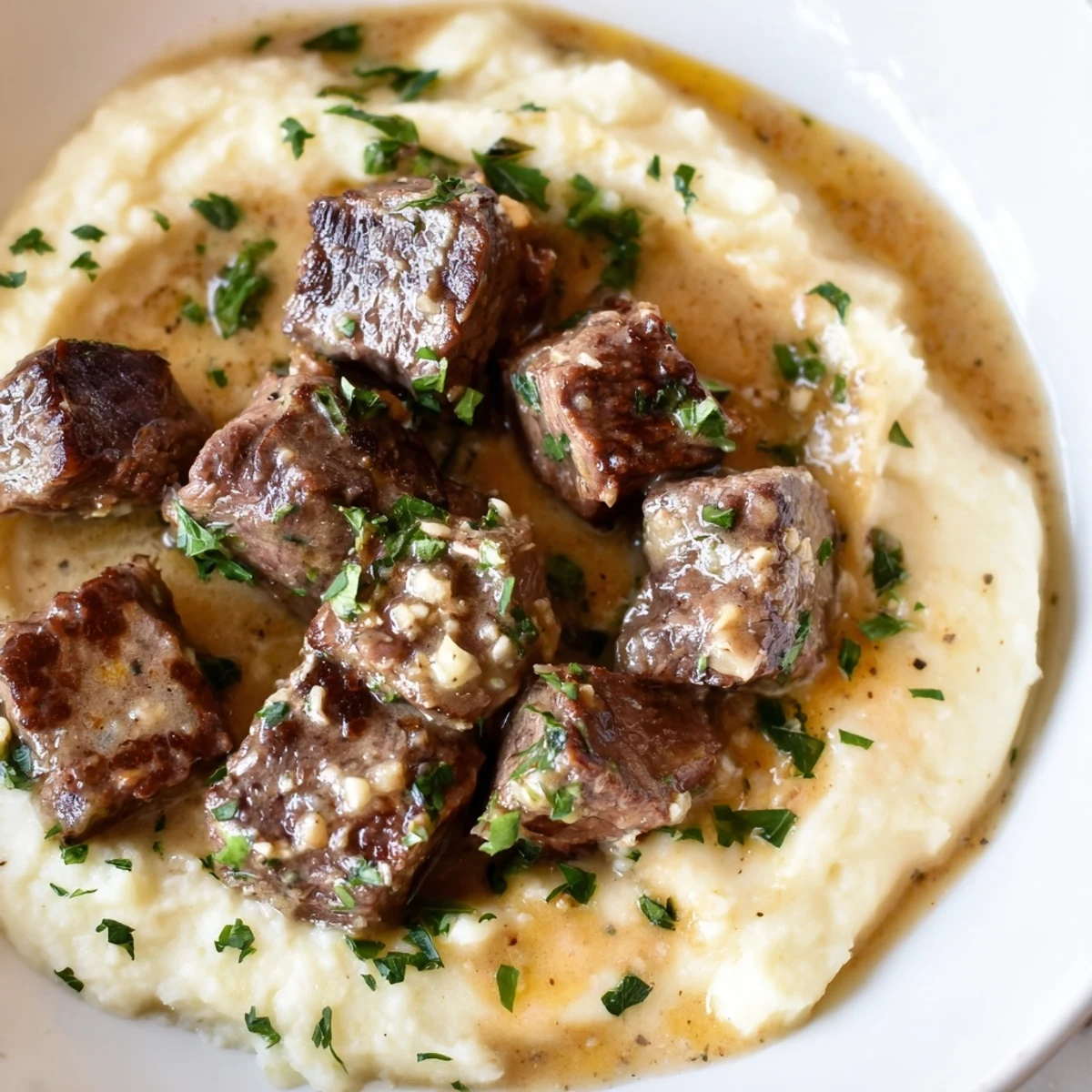 Golden seared steak bites glistening with garlic butter, piled next to velvety, peppered mashed potatoes on a rustic dinner plate.