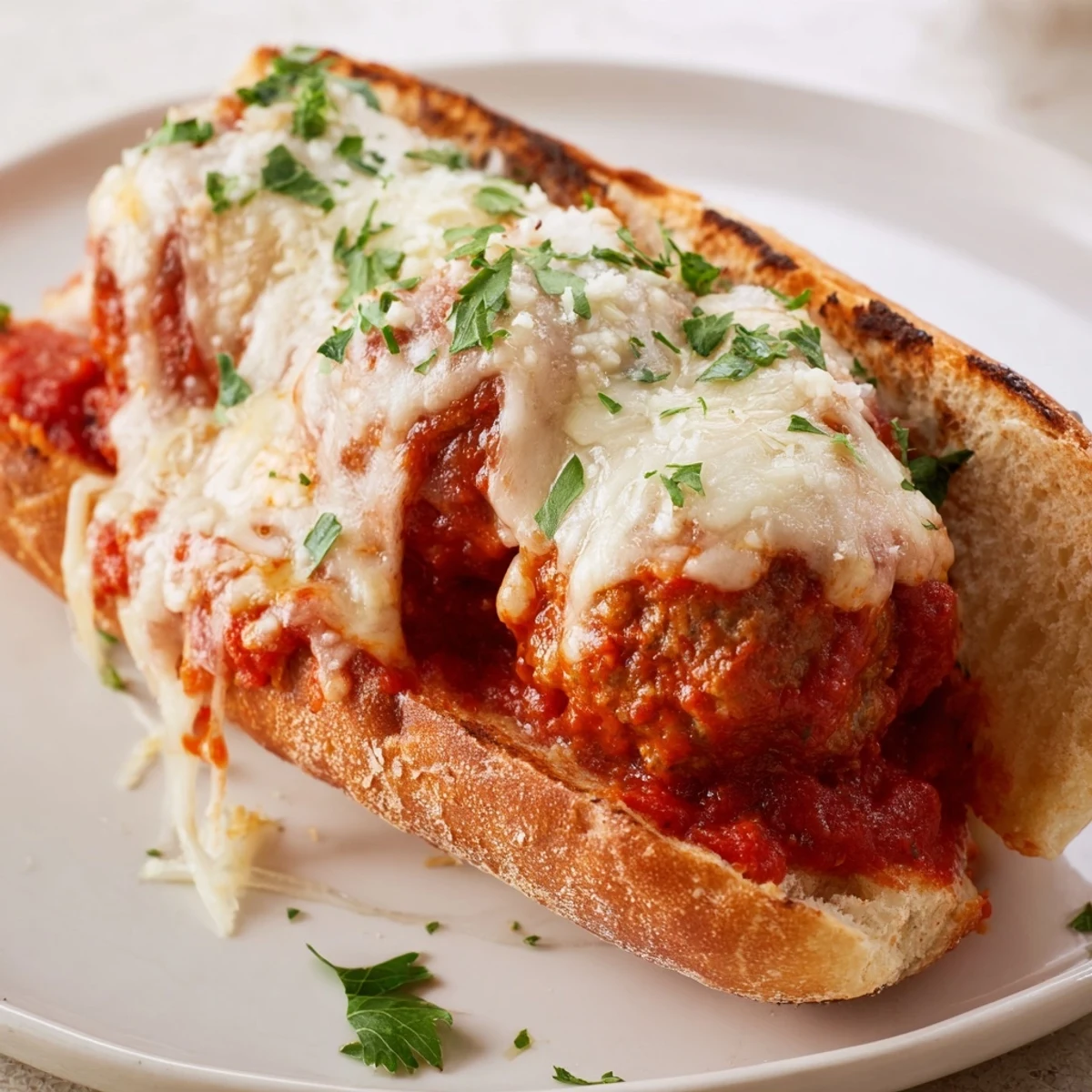 A plated Turkey Meatball Sub with marinara and mozzarella, garnished with fresh basil and ready to eat.