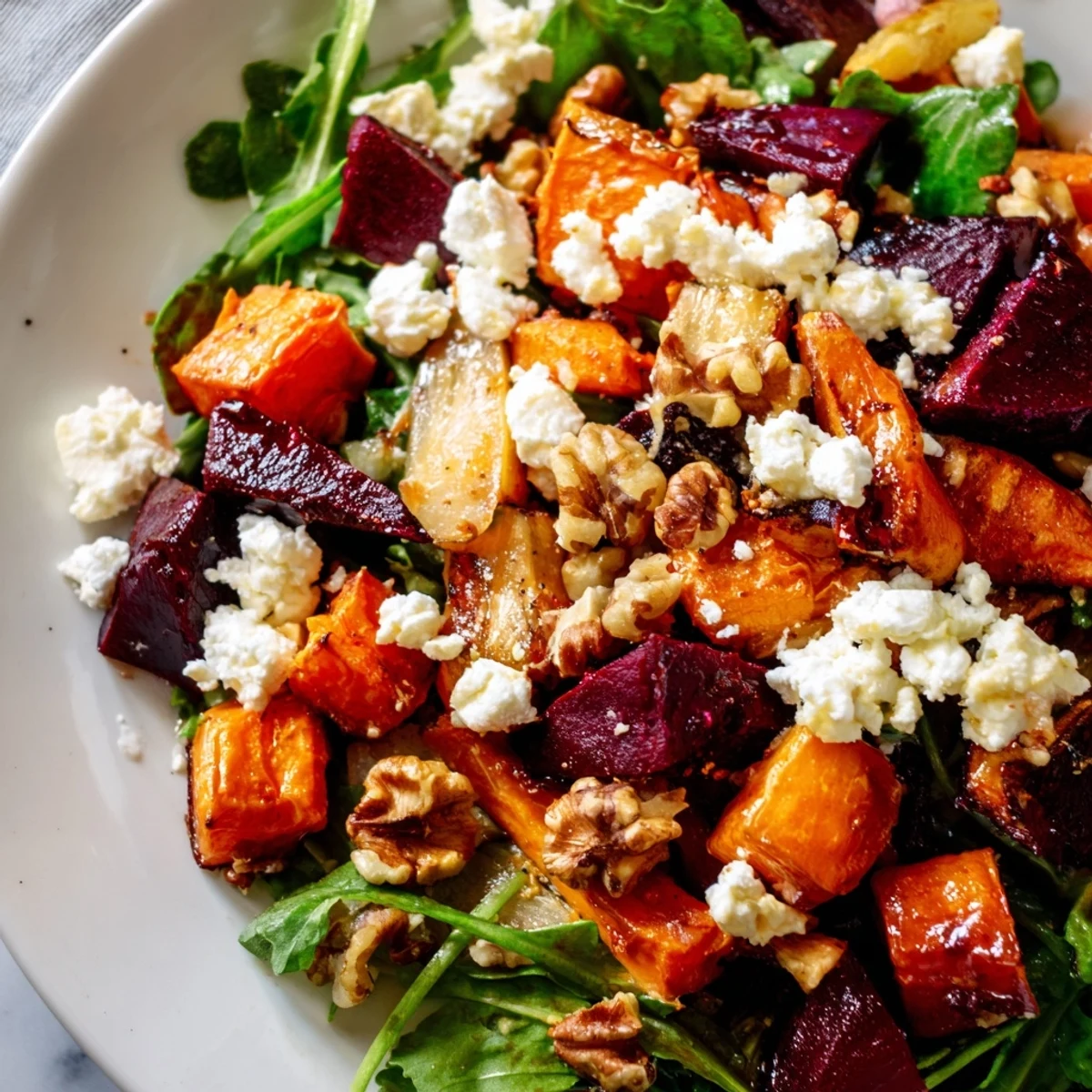 Roasted Root Vegetable Salad with Feta is plated on greens with warm, caramelized carrots and beets.