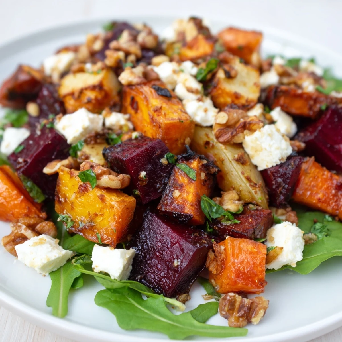 This Roasted Root Vegetable Salad with Feta features tender parsnips and sweet potatoes tossed in zesty vinaigrette.
