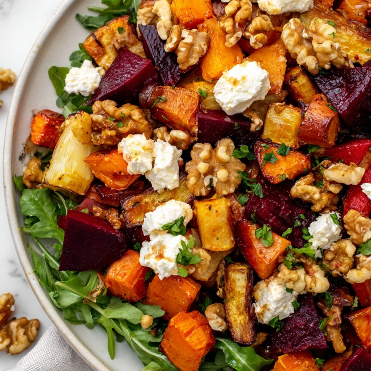 Serve this Roasted Root Vegetable Salad with Feta alongside toasted walnuts and a crisp Sauvignon Blanc.