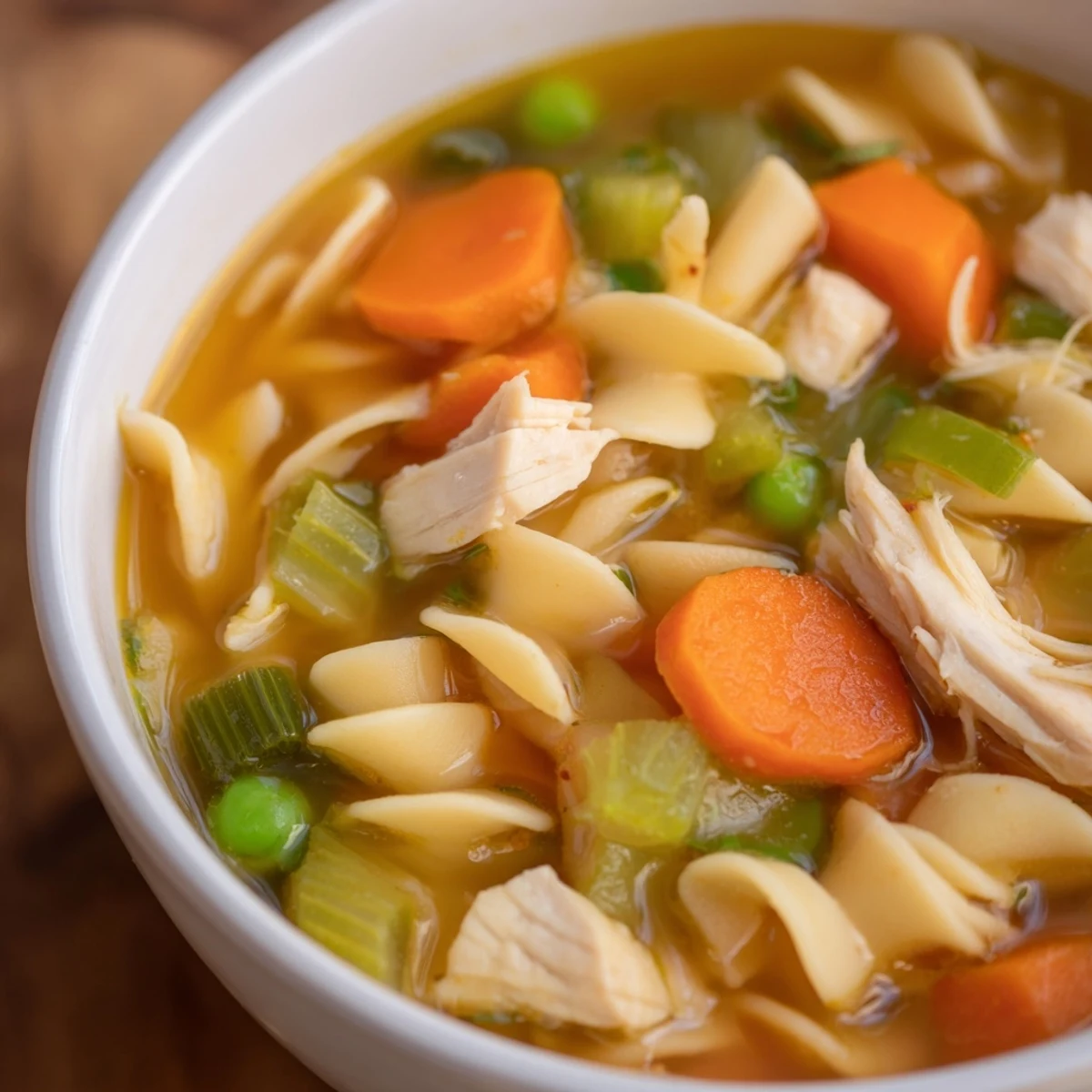 A close-up of homemade Chicken Noodle Soup with Mixed Vegetables, featuring tender chicken, carrots, peas, and wide egg noodles in a clear broth.