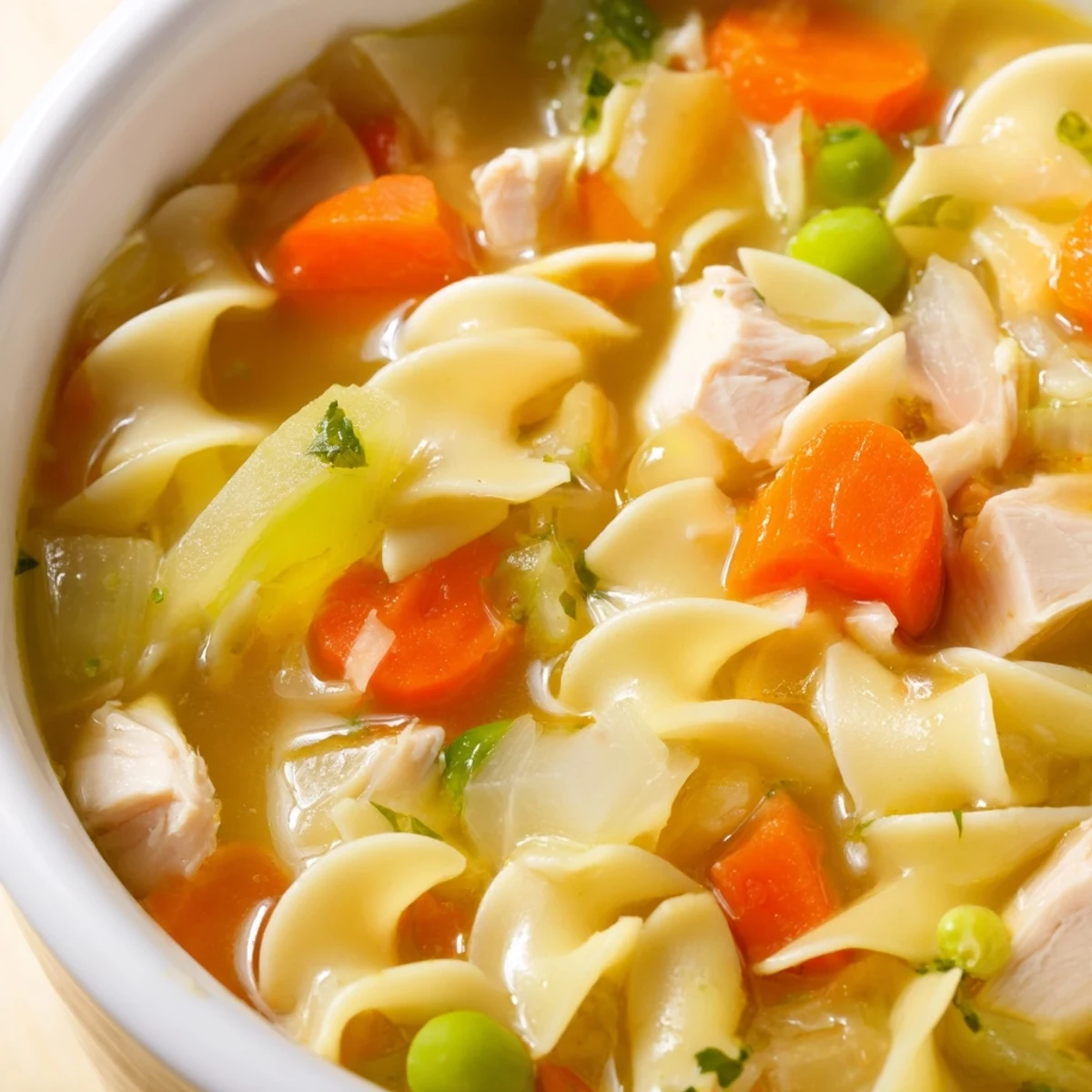 Steaming bowl of Chicken Noodle Soup with Mixed Vegetables, garnished with fresh parsley, served alongside crusty bread on a rustic table.
