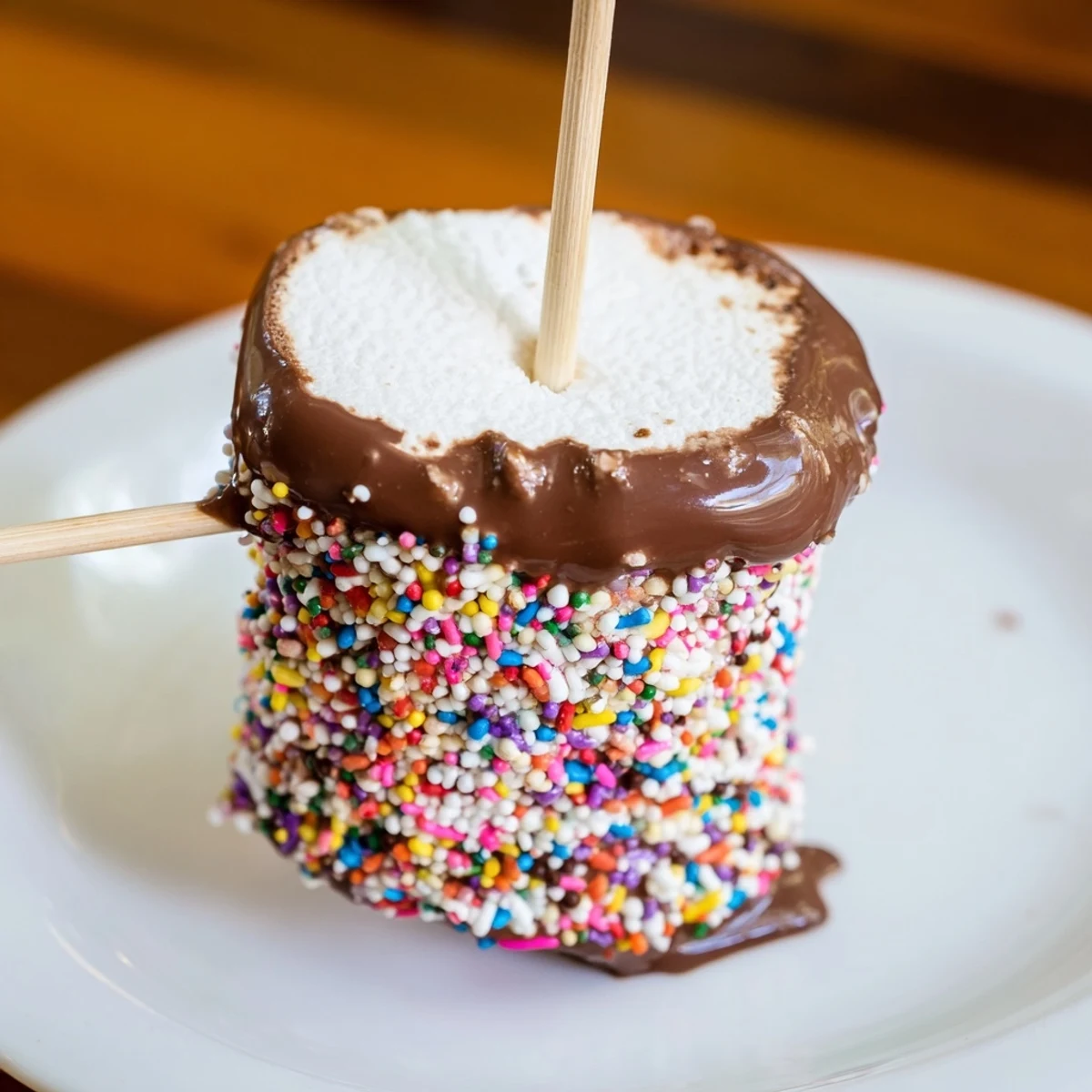 Fluffy marshmallows dipped in silky chocolate and rainbow sprinkles, a festive American dessert on a baking sheet.