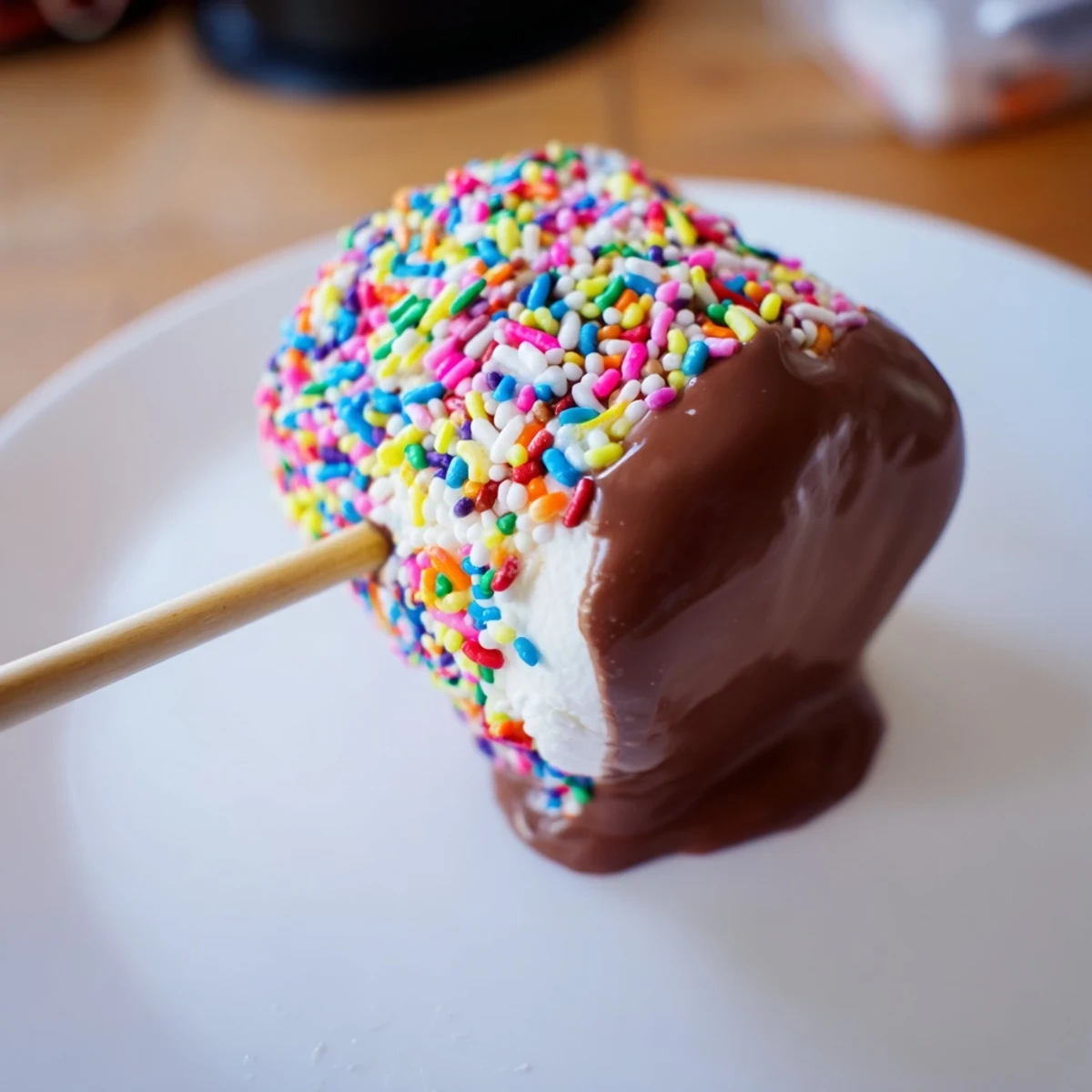 Colorful sprinkles cover melted chocolate-dipped marshmallows, ready to serve on a party platter or gift bag.