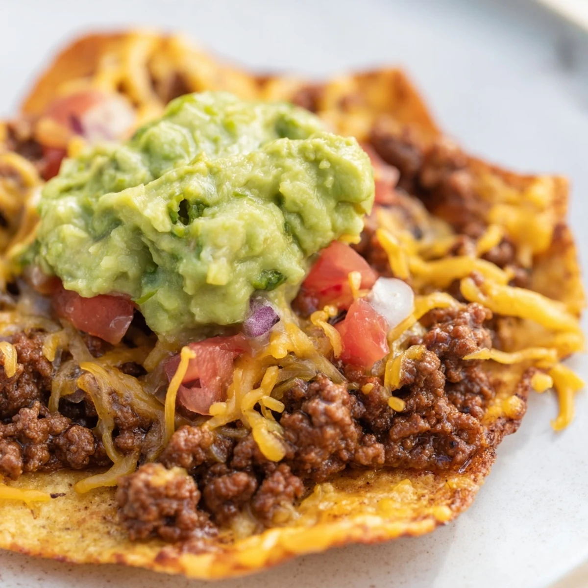 Golden oven-baked beef nachos with guacamole and salsa, served hot and perfect for game day gatherings.
