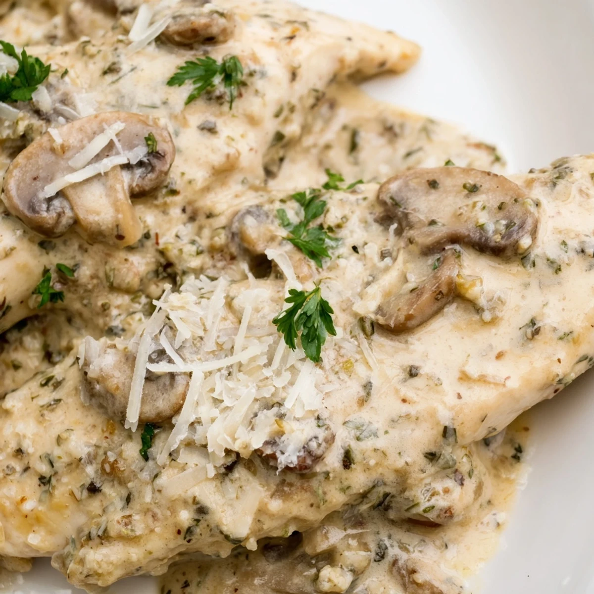 Golden-brown seared chicken breasts nestled in a creamy herb sauce with sautéed mushrooms in a skillet.