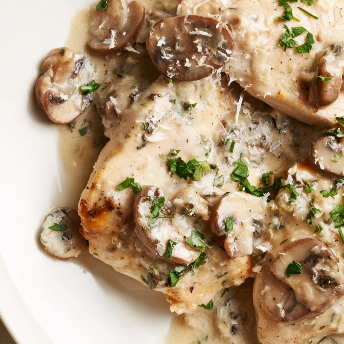 Sliced tender chicken smothered in rich mushroom sauce topped with fresh parsley, served with mashed potatoes.