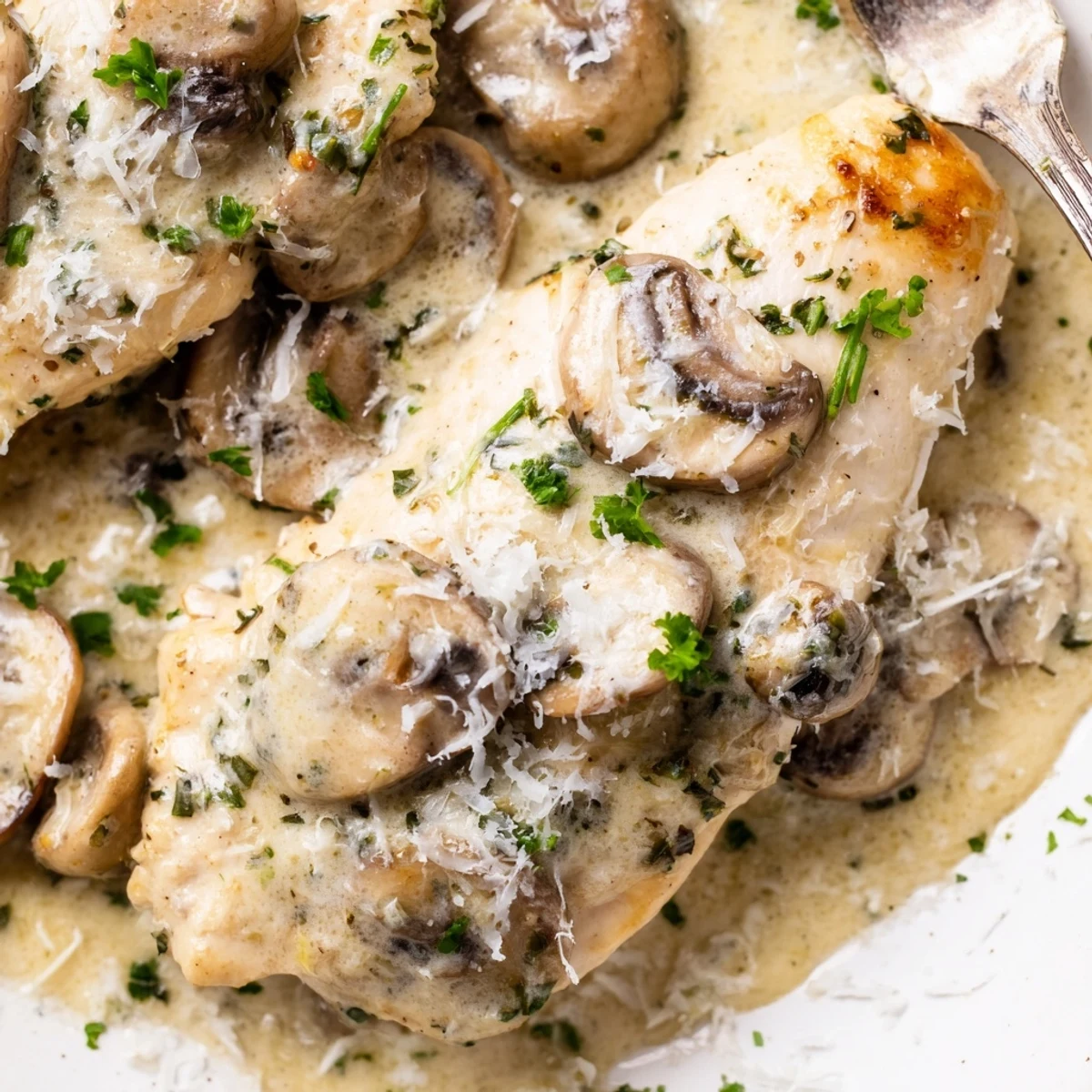 A close-up of Creamy Mushroom Chicken Skillet, showing bubbling herb sauce with garlic and thyme.