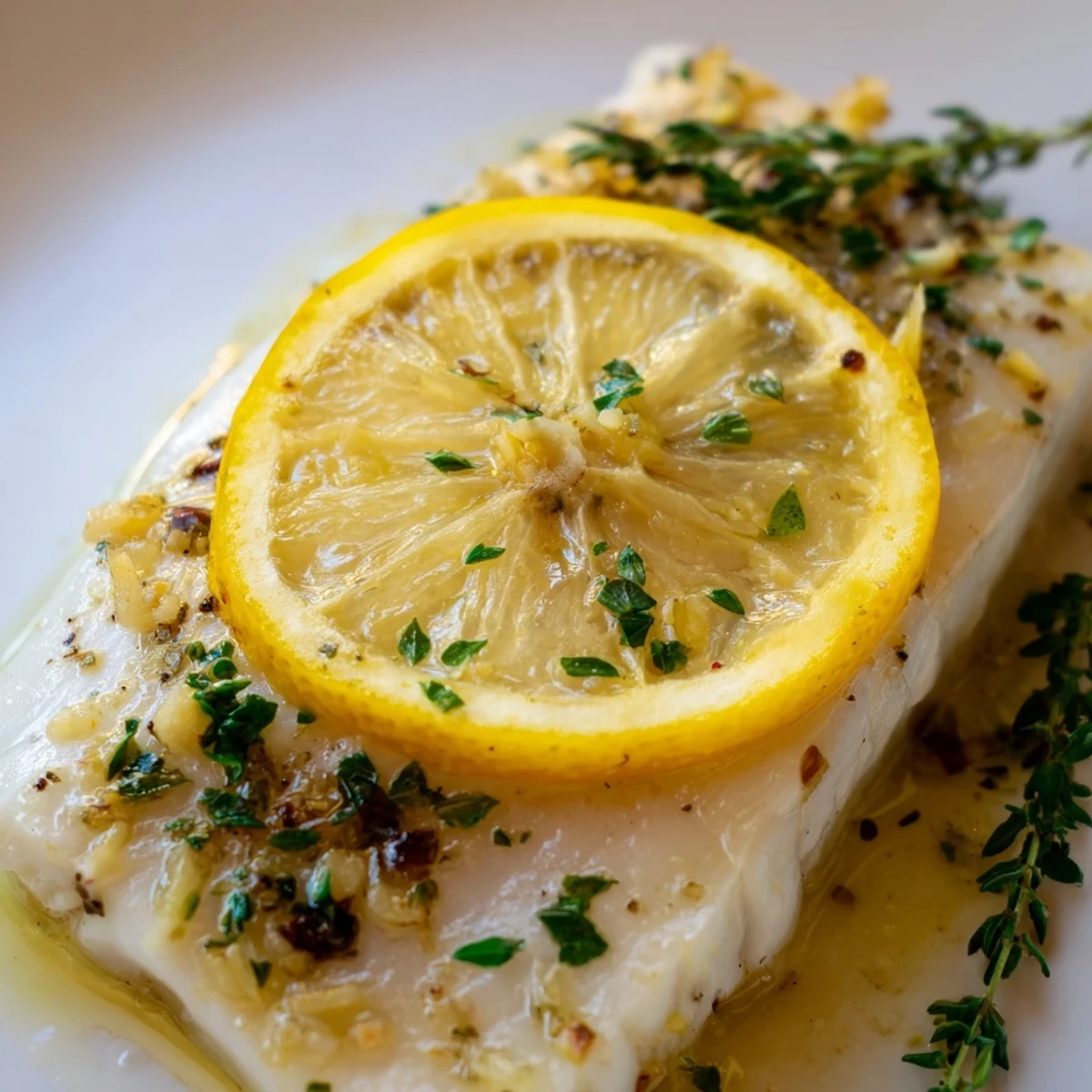 Flaky, tender halibut fillets topped with baked lemon slices and fresh herbs on a baking dish.