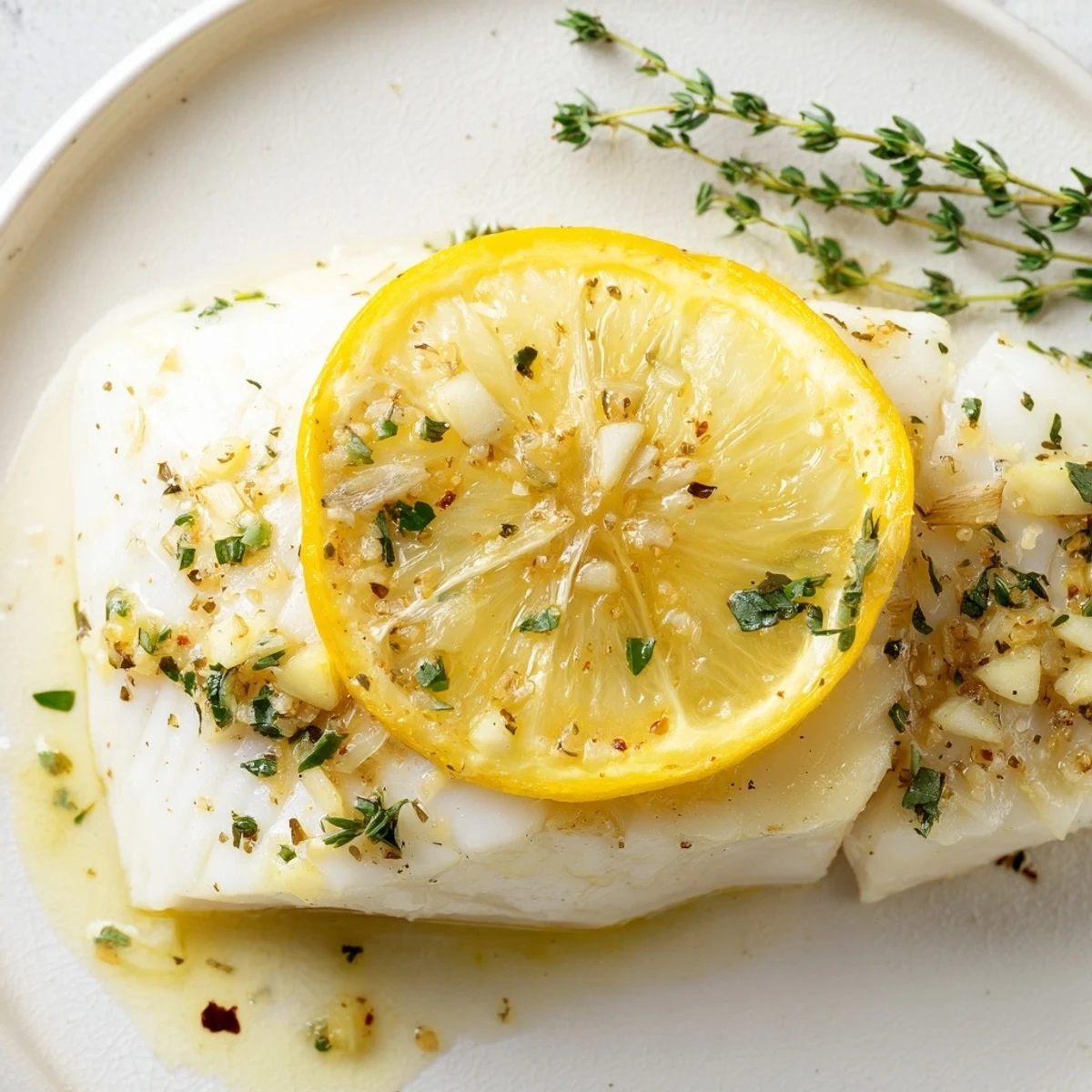 A close-up of perfectly baked halibut with garlic and lemon, garnished with fresh parsley on a white plate.