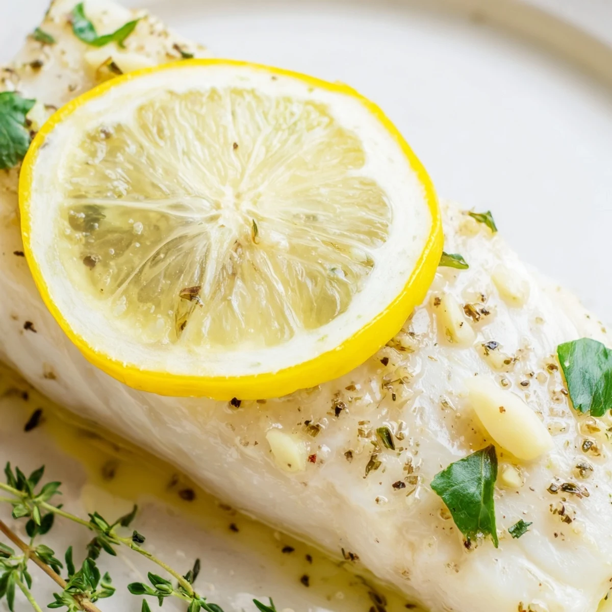 Serving suggestion for baked halibut with garlic and lemon, plated with roasted vegetables and a green salad.