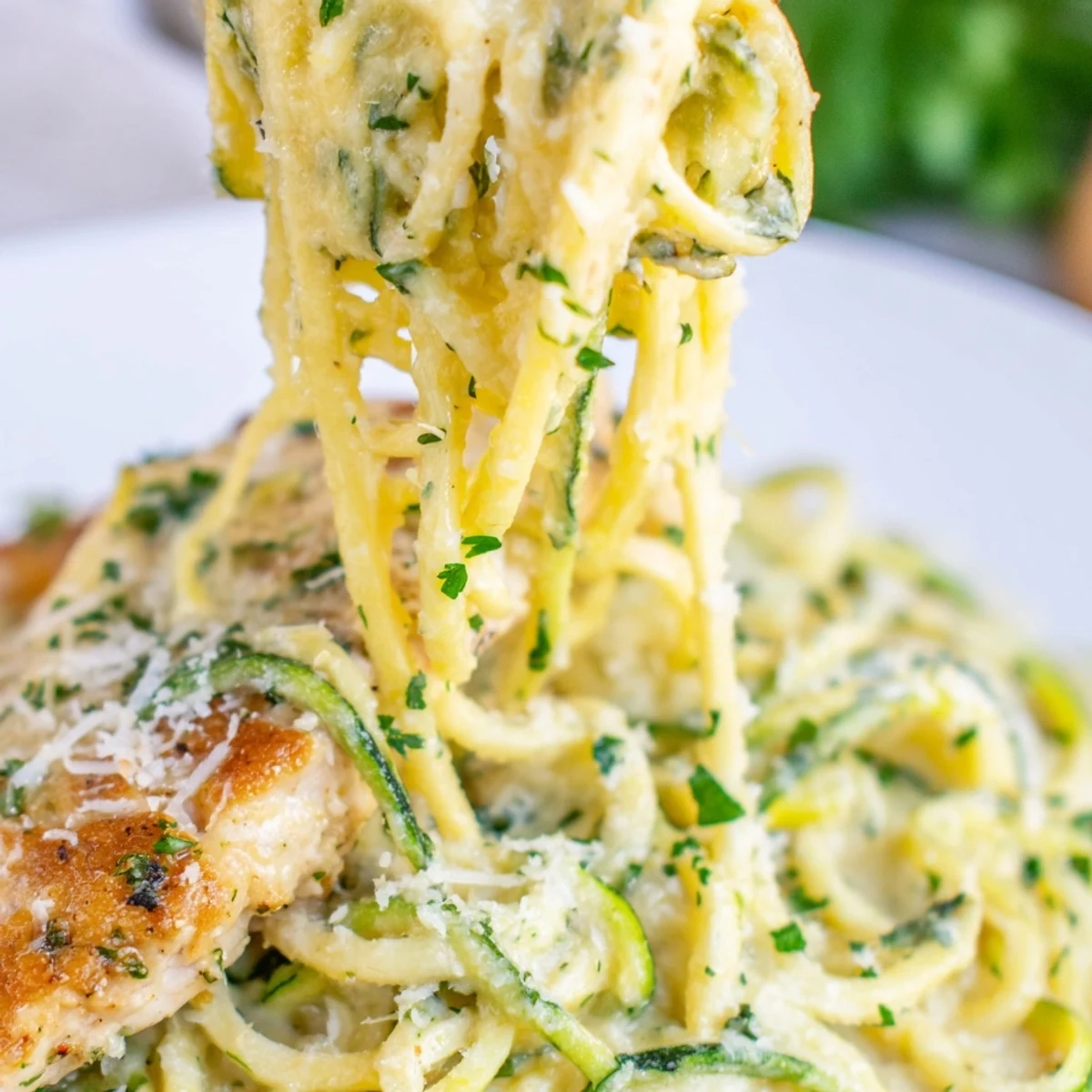 Tender sliced chicken breast sautéed with spiralized zucchini noodles in velvety garlic Alfredo sauce, served warm in a skillet for family-style dining.