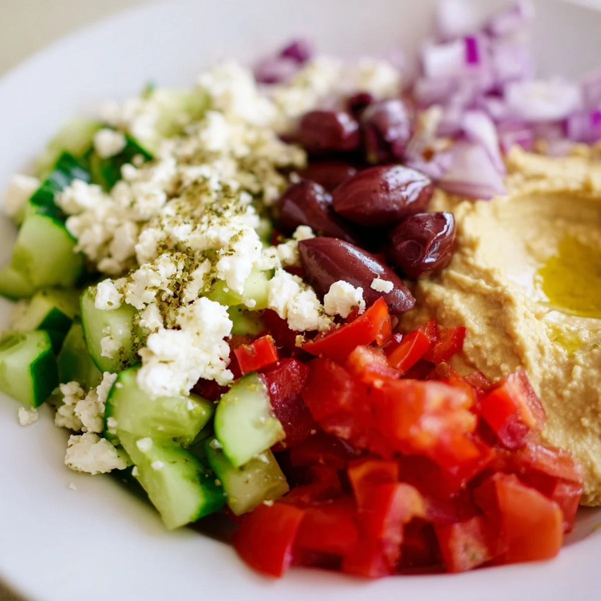 A vibrant Mediterranean Salad with Hummus and Pita offers crunchy vegetables, briny olives, and a dollop of hummus, served with toasted pita triangles for easy dipping.