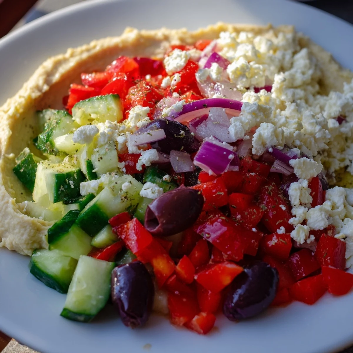 Fresh Mediterranean Salad with Hummus and Pita showcases crisp cucumbers, tomatoes, and feta on a plate with a creamy scoop of hummus and warm pita wedges.