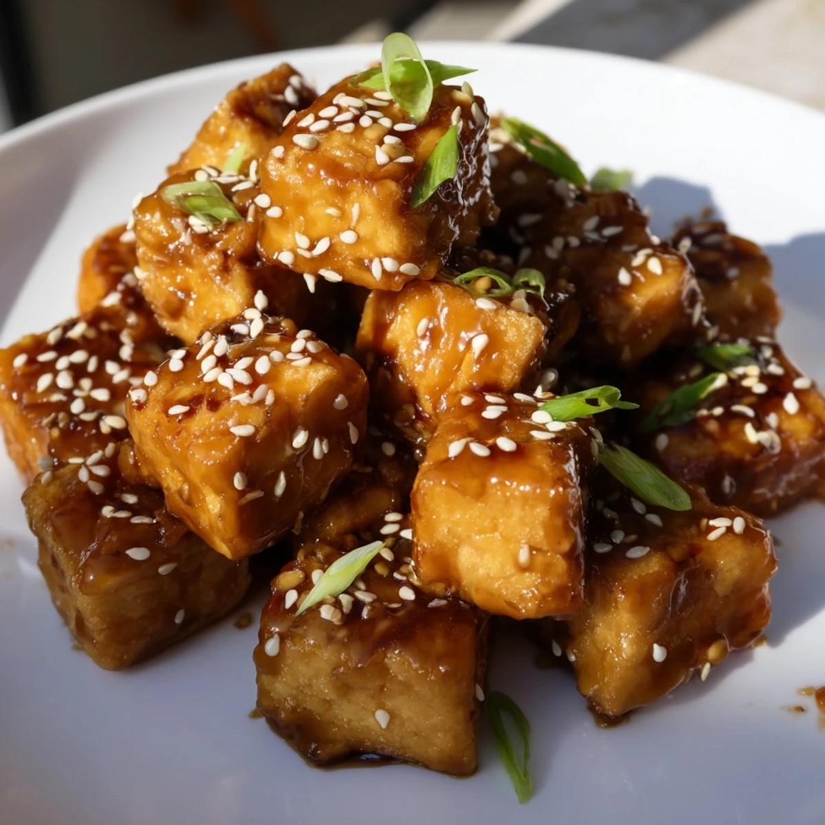 A bowl of Crispy Air Fryer Tofu with Soy Glaze and steamed rice, paired with chopsticks for an easy weeknight dinner.