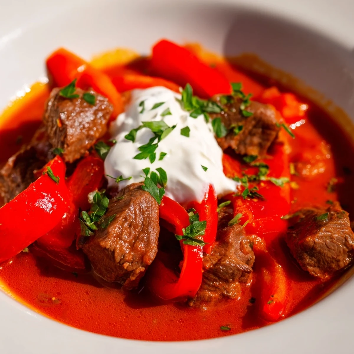 Rich Beef Goulash with Bell Peppers stew simmering in a Dutch oven with deep red paprika sauce and tender beef chunks.