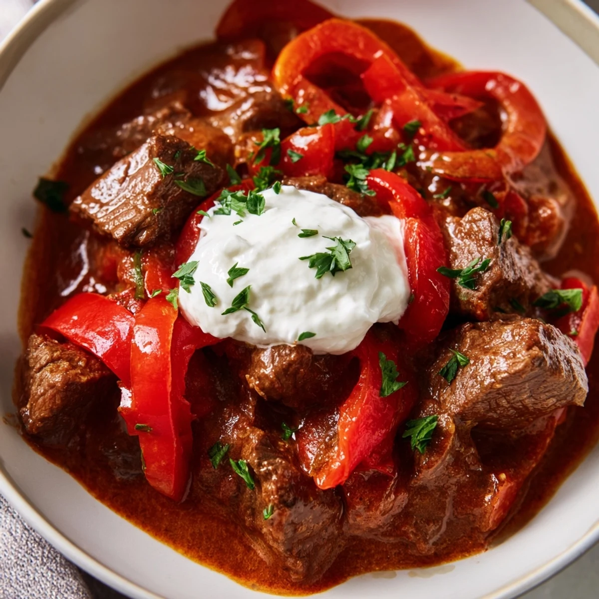 A close-up of Rich Beef Goulash with Bell Peppers topped with sour cream and fresh parsley, ready to serve.